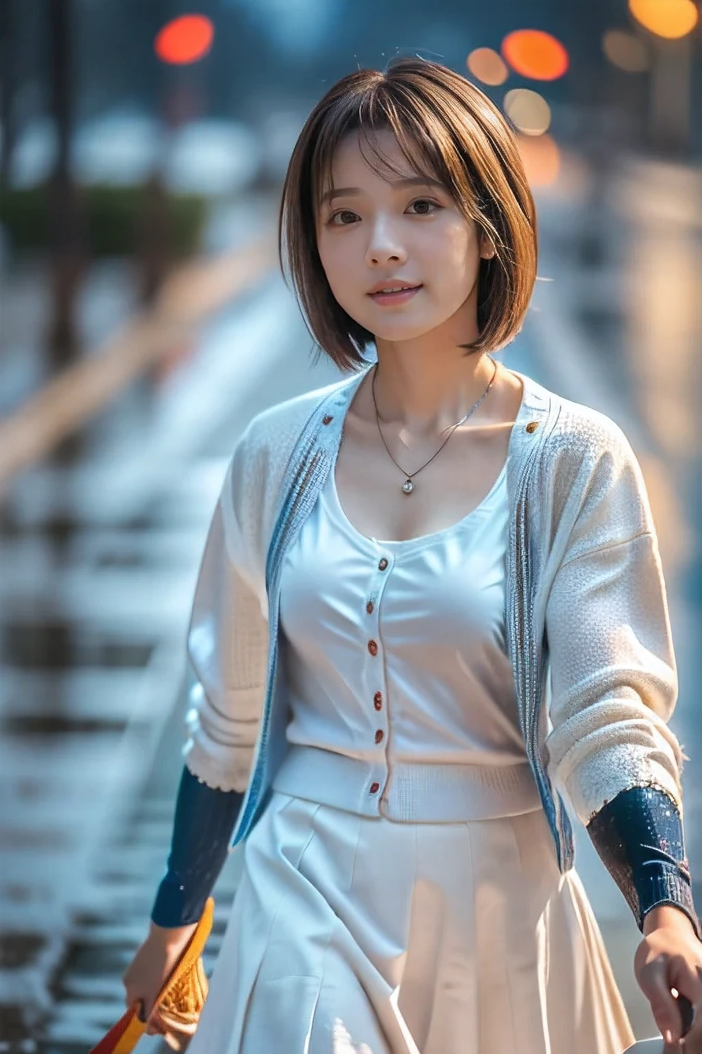 (shoulder-length straight short hair:0.9),（Extremely meticulous CG 8k wallpaper），（Extremely refined and beautiful），（Masterpiece），（best qualtiy:1.0），（Ultra High Resolution:1.0),beautiful light up，Perfect lightning,realistic shaded，[A high resolution],(Smooth and flawless fair skin:1.5),(shiny skin:1.5),Extremely exquisite facial details，ultra - detailed,A  girl,small head,Close Shot,at home,in living room,blue green background,standing,(Huge french window:1.3),(laughing:1.3),small face,（perfect body:1.1）,small breasts，flat chest,slim,collar,(white pajama dress:1.5),(femal orgasmic:1.5),(blush:1.3),ahegao,cowboy shot,portrait,from back,night scene,dim light,(Outside the window are the lights of tall buildings in the dark night:1.5),dark night outside the window,At winter night,(snowing outside:1.3)