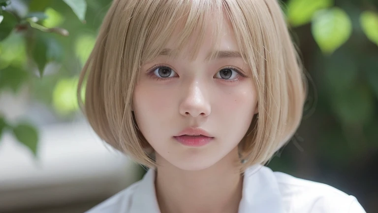 (Bob Cut Hair, Platinum Blonde Hair:1.2),(Wearing school uniform:1.2),1 girl,Japanese,21 years old,(Small breasts:1.3),(highest quality,masterpiece:1.3,超A high resolution,),(Ultra-detailed,Caustics),(Photorealistic:1.4,RAW shooting,)Ultra-Realistic Capture,Very detailed,High resolution 16K human skin close-up。 Natural skin texture、,Pores、、It needs to be detailed enough to be easily identifiable。 Skin should be even-toned and healthy looking。 Use natural light and colour, Sad expression, Looking at the camera, Perfect dynamic composition, Outdoor