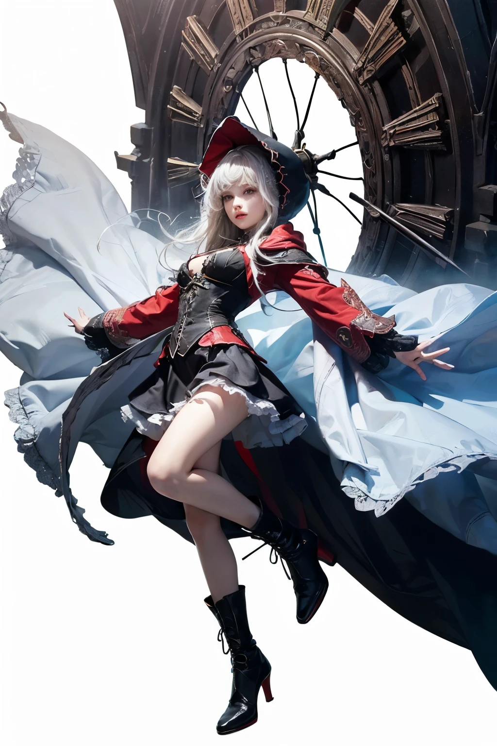 mpts
Copy
(((masutepiece, of the highest quality, super detailed))), hand drawn style, hand painted style, watercolour, sketch, a knight, white background, plain background, Bloodborne inspired, tatty Bloodborne attire, occult aesthetic, occult, tatty red and white clothing detailed and intricate steampunk and detailed gothic lolita (with a hood), diadems, very thin long legs, Complex mechanical boots above the knee, Fluttering lace flared dress, beautiful small breasts directed upwards, (((( Highly detailed face))), small thin nose, Small thin lips mouth, (((Very sharp focused eyes))), Very large slit precision pale grey eyes that shine like jewels. very long eyelashes, Silver hair swaying in the wind, Emitting a dazzling light in a mandala pattern, white background, Very dramatic and cinematic lighting, red and white clothing, full body, whole body, body, cosmic horror, grim dark