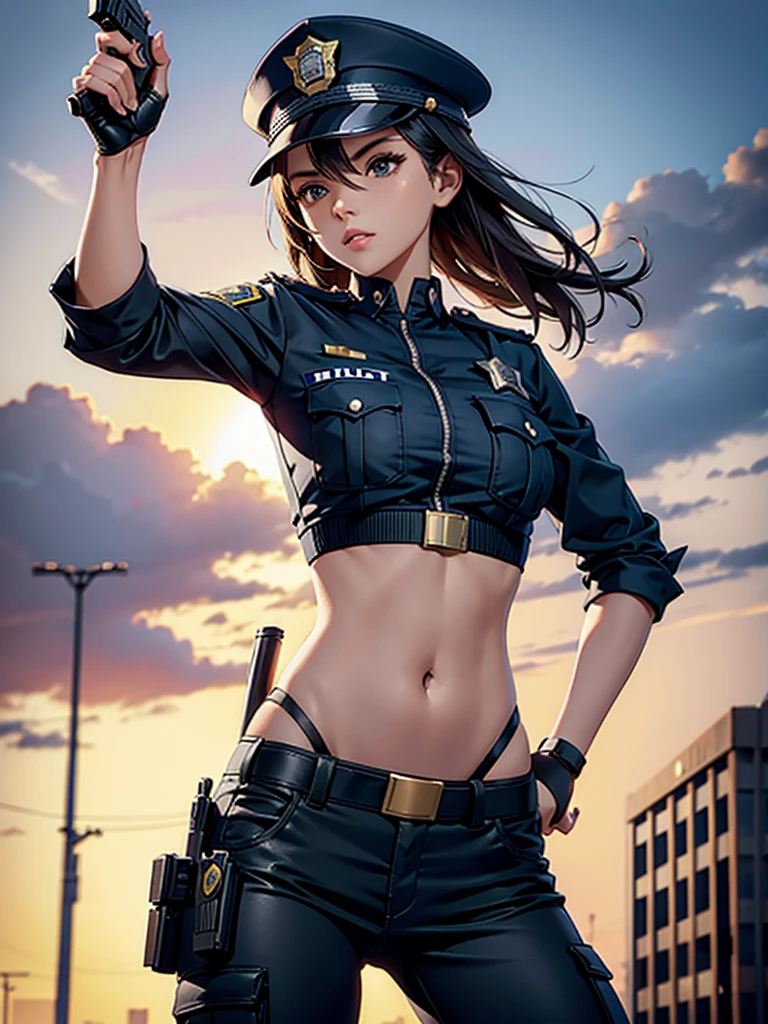 Women in crop top police uniform, police pants, showing navel, aiming pistol