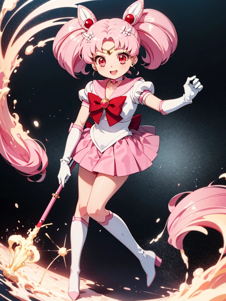 masterpiece, best quality, 1 girl, solo, 8 ,, chibi usa, 1girl, hairpin, pink hair, white gloves, pink skirt, miniskirt, red eyes, chocker, red ribbone,jewelry, chibi usa, game cg, full body,  uniform