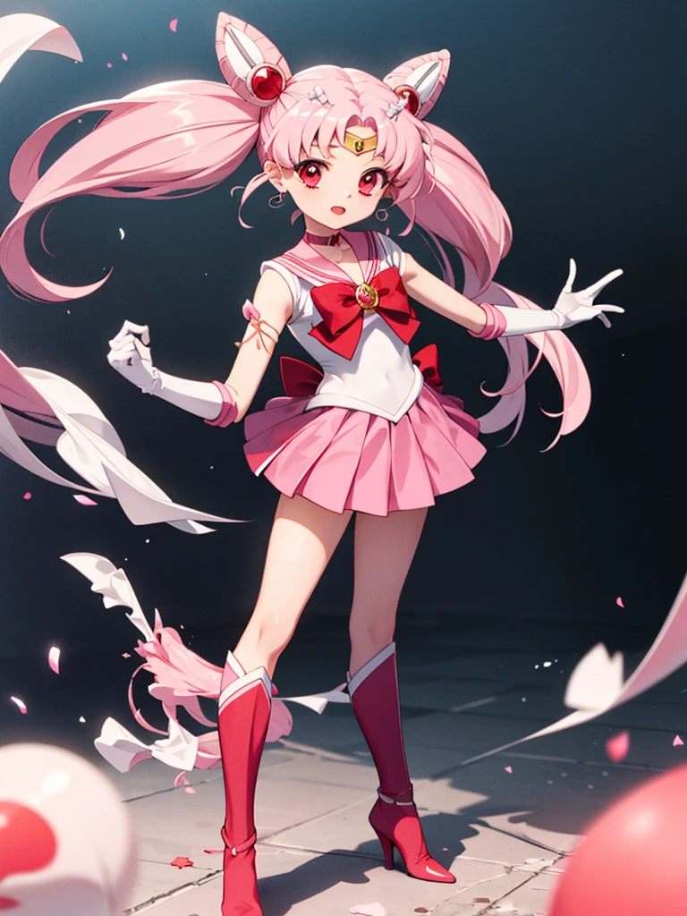 masterpiece, best quality, 1 girl, solo, 8 years old,, chibi usa, 1girl, hairpin, pink hair, white gloves, pink skirt, miniskirt, red eyes, chocker, red ribbone,jewelry, chibi usa, game cg, full body,  uniform