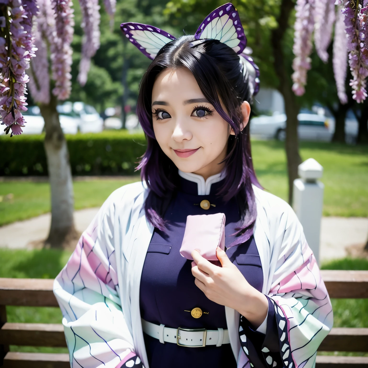 CosmiEyes, shinobu, 1girl, solo, looking at viewer, smile, long hair, black hair, hair ornament, long sleeves, medium breasts, closed mouth, ((purple eyes)), jacket, purple hair, sidelocks, outdoors, japanese clothes, belt, blurry, uniform, black jacket, parted bangs, blurry background, katana, bug, butterfly, sheath, forehead, upper body, detailed face, detailed eyes,