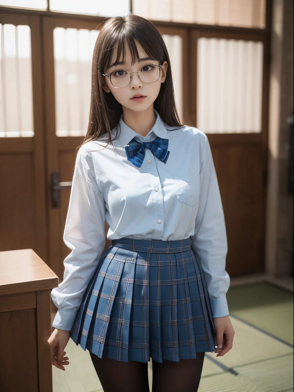 (8K、Raw photography、top-quality、masterpiece:1.2),Bullish,Muchimuchi,Erotic,Pupils,Light Blue Bra,de pele branca,kne,(Black pantyhose),absurderes,a small face,,flat breast,Parting the bangs from the middle、Forehead visible,(a cold expression,Tight eyes,glares,Bullish,skinny,Rasping,irate)、masterpiece,top-quality、超A high resolution,Raw photo,ren,Beautiful fece,One Person, solo,eye glass,,Dark look,Small breasts,fullllbody,Round glasses、cute little、JK ,hi-school girl,A Japanese Lady,is standing,(Photorealsitic:1.37)、Photon mapping,Realistic、Cute little face,Brown-eyed、Black socks、(Red bow tie)、Radio City、Physically Based Rendering、Foreground、depth of fields、Blurry background、a picture,The girls、Body,beauty legs, Long legs, Thin leg,(shorttwintail),(Bangs are visible), hair, s lips, Blue_The eye, nosesoft,(Light blue shirt), (Navy and blue and white plaid pleated skirt), Knees are visible,Sheer clothing,, Thigh, Black cotton socks,Nogizaka Idol, , Japanese ido