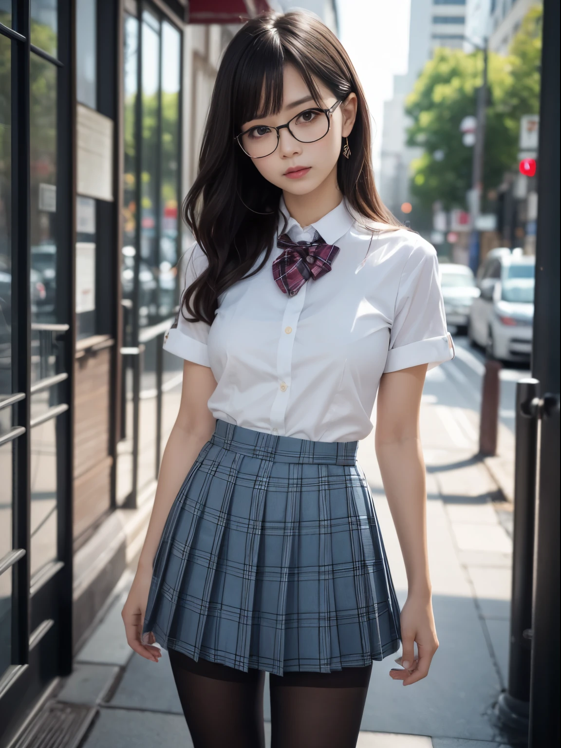(8K、Raw photography、top-quality、masterpiece:1.2),Bullish,Muchimuchi,Erotic,Pupils,Light Blue Bra,de pele branca,kne,(Black pantyhose),absurderes,a small face,,flat breast,Parting the bangs from the middle、Forehead visible,(a cold expression,Tight eyes,glares,Bullish,skinny,Rasping,irate)、masterpiece,top-quality、超A high resolution,Raw photo,ren,Beautiful fece,One Person, solo,eye glass,,Dark look,Small breasts,fullllbody,Round glasses、cute little、JK ,hi-school girl,A Japanese Lady,is standing,(Photorealsitic:1.37)、Photon mapping,Realistic、Cute little face,Brown-eyed、Black socks、(Red bow tie)、Radio City、Physically Based Rendering、Foreground、depth of fields、Blurry background、a picture,The girls、Body,beauty legs, Long legs, Thin leg,(shorttwintail),(Bangs are visible), hair, s lips, Blue_The eye, nosesoft,(Light blue shirt), (Navy and blue and white plaid pleated skirt), Knees are visible,Sheer clothing,, Thigh, Black cotton socks,Nogizaka Idol, , Japanese ido