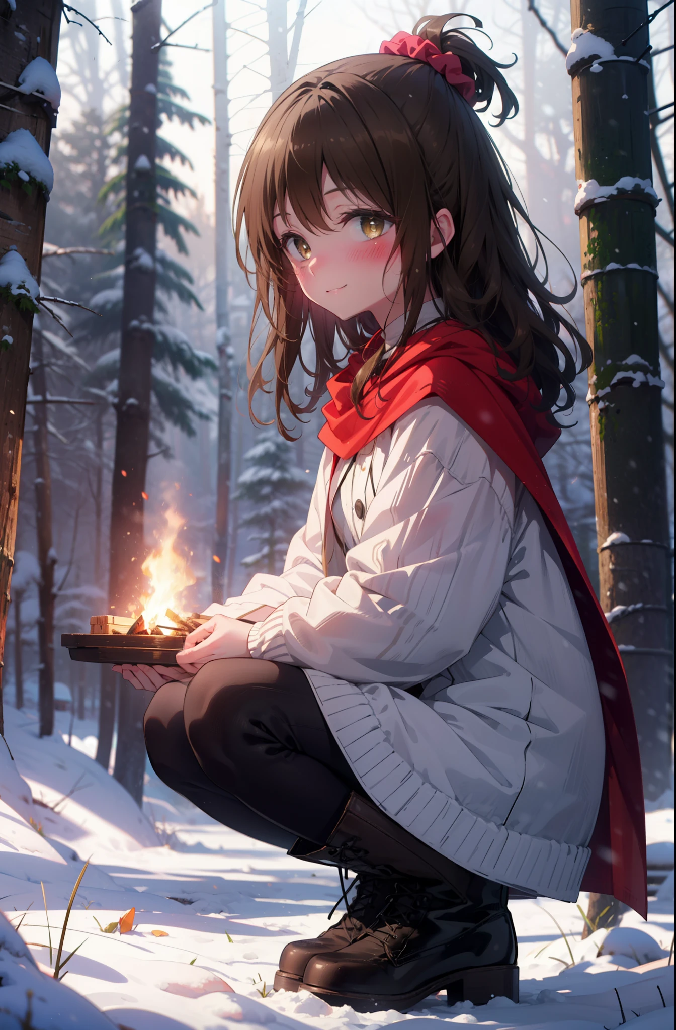 Follow Us, Yuki mandarin orange, (Brown eyes:1.5), Brown Hair, hair ornaments, hair Scrunchie, Long Hair, pink Scrunchie, Scrunchie, (Flat Chest:1.2),smile,,smile,blush,White Breath,
Open your mouth,snow,Ground bonfire, Outdoor, boots, snowing, From the side, wood, suitcase, Cape, Blurred, , forest, White handbag, nature,  Squat, Mouth closed, Cape, winter, Written boundary depth, Black shoes, red Cape break looking at viewer, Upper Body, whole body, break Outdoor, forest, nature, break (masterpiece:1.2), highest quality, High resolution, unity 8k wallpaper, (shape:0.8), (Beautiful and beautiful eyes:1.6), Highly detailed face, Perfect lighting, Highly detailed CG, (Perfect hands, Perfect Anatomy),