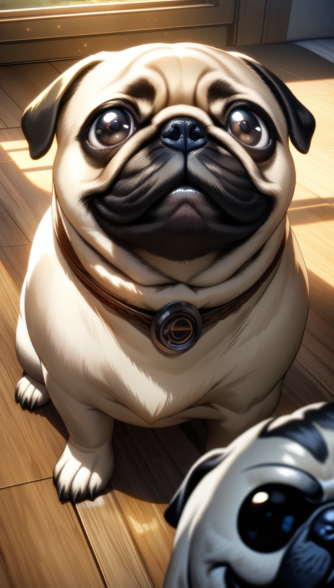32k, best quality, ultra high res, HDR, UHD, extremely detailed CG, unity 32k wallpaper, Pug, Indoor living room background, Looking up, 餌をねだるPug, Close-up,