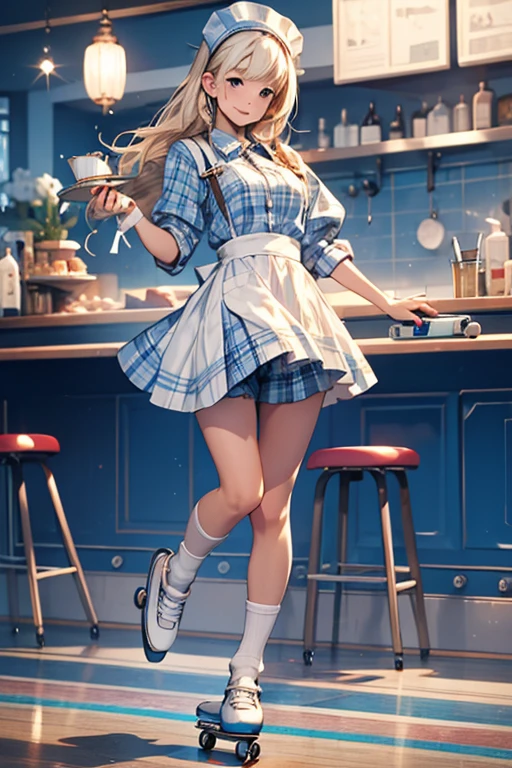 high quality、masterpiece、High sensitivity、One Woman、waitress、white and blue plaid、Roller skating、Thin thighs、