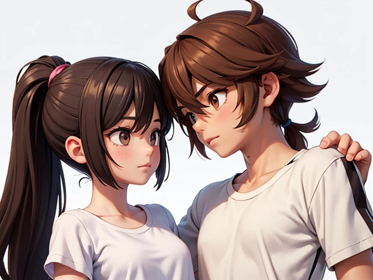 Two characters in a scene boy and girl (absolutely identical twins brother and sister), The first character is a handsome effeminate boy with semi-long brown hair tied in a ponytail., White T-shirt, Brown eyes, and the second character is a girl with aesthetic small breasts with very tousled shaggy semi-long brown hair, hair between the eyes, Brown eyes, beautiful face, noticeably muscular athlete,dressed in a white silk translucent T-shirt over a naked body, talk to each other, different emotions, free pose, free interaction with each other, White background, стиль мультфильма Disney Pixar