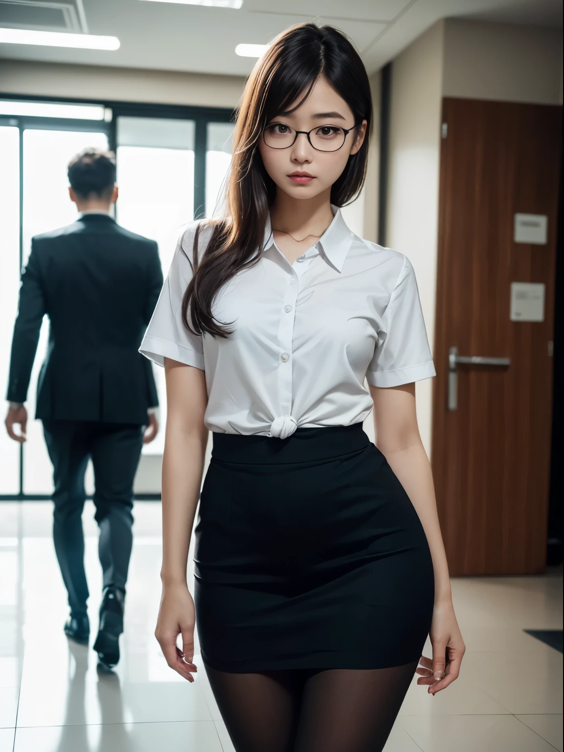 (alone、solo)、A 20-something office lady in an office uniform poses for a photo、(Black Pantyhose)、(Half Up)、victory、Tsundere、Single knot、OL、suit、Blue mall face、anger、、Glasses、Slim girl model photo、Body:The smallest middle-aged man in history、Female Model、Japanese female fashion model、(8K、RAW Photos、Highest quality、masterpiece:1.2)、(Real、Photorealistic:1.37)、Ultra high definition、Ultra high definition、Office Street、Standing position、whole body、((((SEXY)))