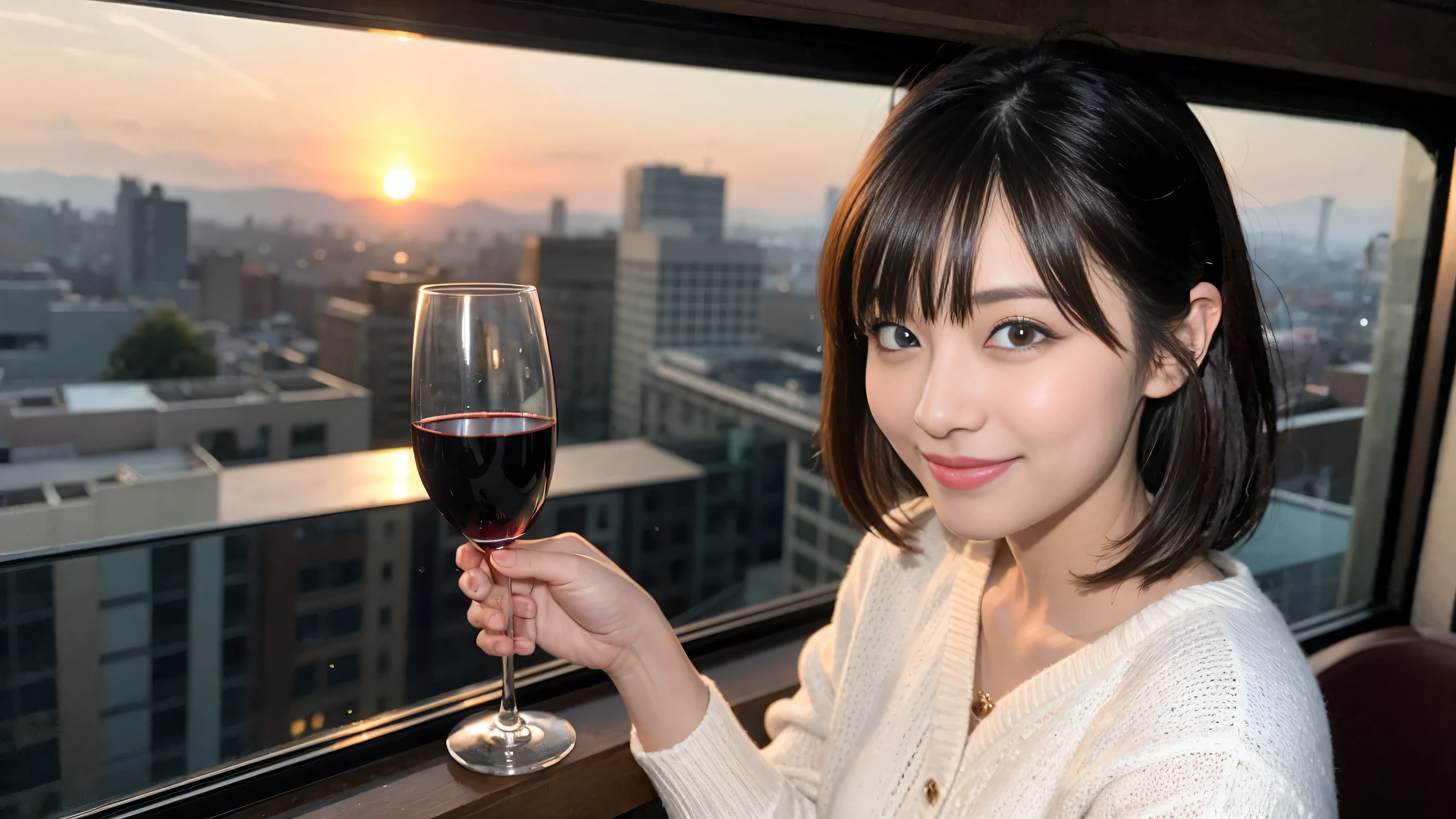 (highest quality、8k、masterpiece:1.3)、Beautiful woman with perfect figure:1.4、Dark brown hair、Knit dress、Highly detailed face and skin、Detailed eyes、double eyelid、Huge Mile、30th Generation、Sex Appeal、Wine glass on the table、Shine light on your face、 Amazing view of the sunset sky and clouds、Amazing mountain views、A bright smile、A lovely woman with a smile、Bright image、The beauty of wine, Beautiful Face, blue eyes, The light shines on your face, Blushing, short hair,Bright Face、Fox face、 (36 years old), 39 years old, Lady、red wine 、Appetizers、Italian food、Wine bottle、Champagne、sparkling wine、Two beauties、Brown Hair、Shortcuts、Long sleeve shirt、dress、Pretty Woman 1, (Slim face), (The body is slim), (Brown Hair), (Shortcuts), cheeks turn a little red,Attractive beauty、, Out of the window, A beautiful and detailed night view unfolds.........., restaurant, In a prominent place (From the waist up) Nova Frog Style, actress, model, Upper Body, White wine, slim, wine glass, Wine glass placed in the center, smile, (smile: 1.15), Beautiful fine grain, Depth f/2,saturation, High Contrast, Strong light and shadow,Moist Body:1.5、3D texture、Delicate eyes、Brown Hair、The hair is very shiny、