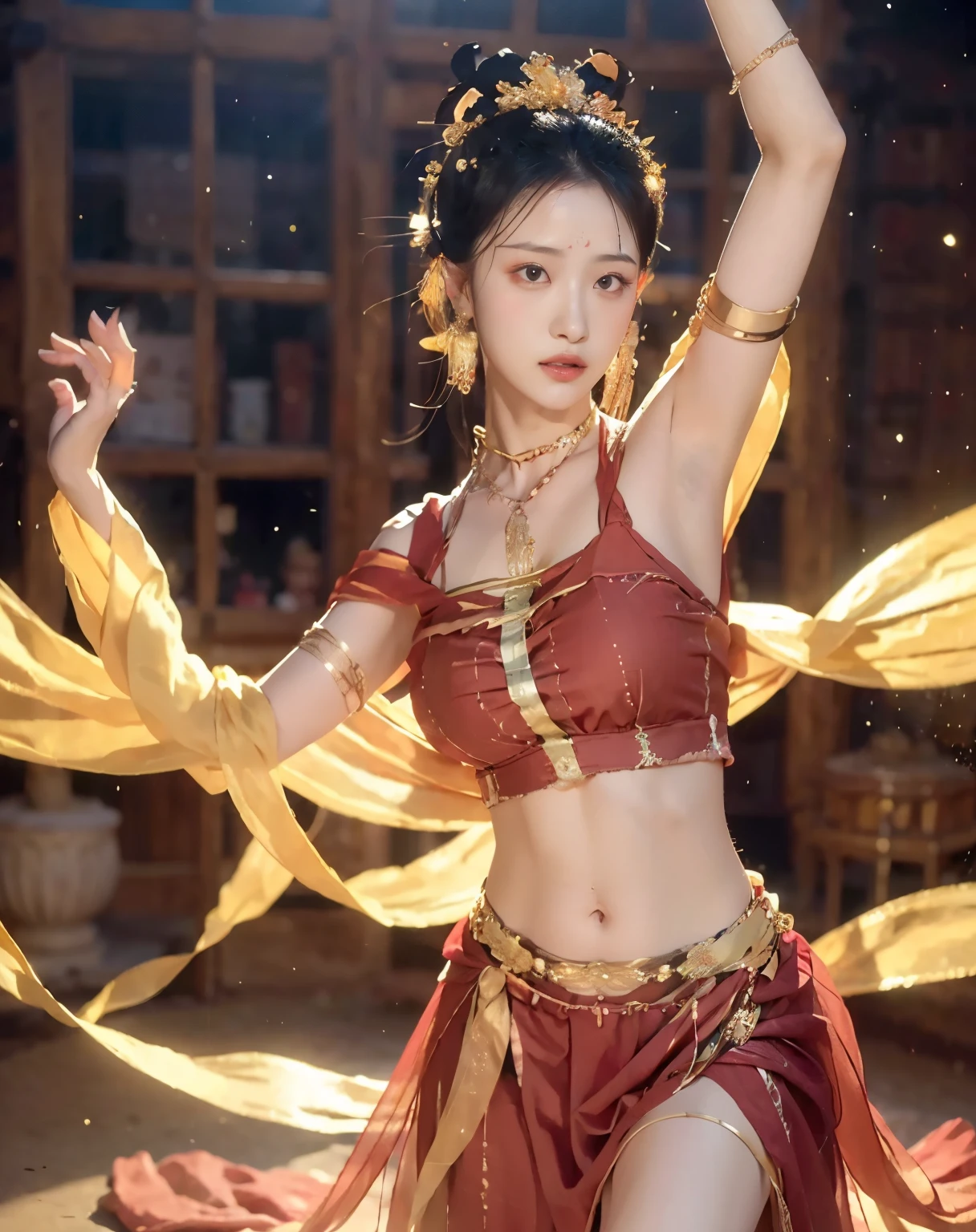 (8k, RAW photo, best quality, tmasterpiece:1.2), (realistic, photo-realistic:1.4), (Extremely detailed CG unity 8k wallpaper), (1 girl:1.5),Beauty of the Western Regions,(Red clothes:1.4),There are red spots on the forehead,Pale skin,Blushlush,largeeyes,full bodyesbian,upper legs,Open navel,Gold-tone waist chain,golden ornaments,Flying ribbons,Particle,Ancient buildings are in the background,,dance, dunhuang_dress, dunhuang_style, large breasts
