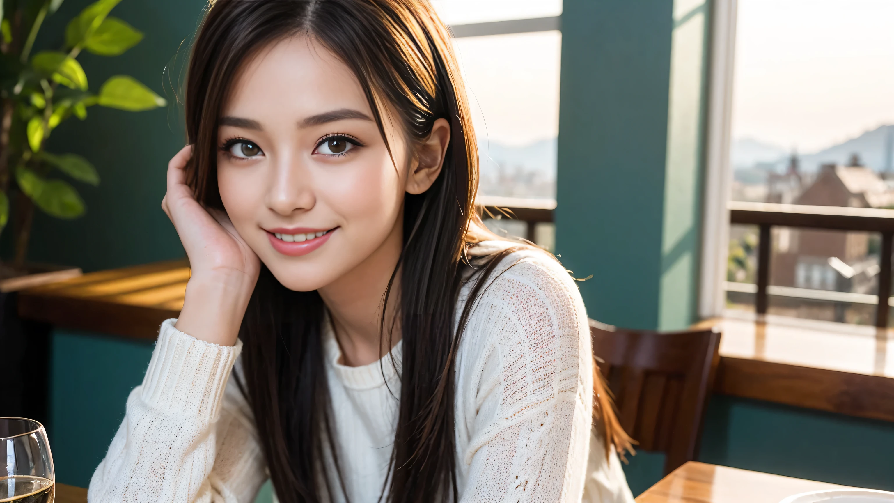(highest quality、8k、masterpiece:1.3)、Beautiful woman with perfect figure:1.4、Dark brown hair、Knit dress、Highly detailed face and skin、Detailed eyes、double eyelid、Huge Mile、30th Generation、Sex Appeal、Wine glass on the table、Shine light on your face、 Amazing view of the sunset sky and clouds、Amazing mountain views、A bright smile、A lovely woman with a smile、Bright image、The beauty of wine, Beautiful Face, blue eyes, The light shines on your face, Blushing, short hair,Bright Face、Fox face、 (36 years old), 39 years old, Lady、red wine 、Appetizers、Italian food、Wine bottle、Champagne、sparkling wine、Two beauties、Brown Hair、Shortcuts、Long sleeve shirt、dress、Pretty Woman 1, (Slim face), (The body is slim), (Brown Hair), (Shortcuts), cheeks turn a little red,Attractive beauty、, Out of the window, A beautiful and detailed night view unfolds.........., restaurant, In a prominent place (From the waist up) Nova Frog Style, actress, model, Upper Body, White wine, slim, wine glass, Wine glass placed in the center, smile, (smile: 1.15), Beautiful fine grain, Depth f/2,saturation, High Contrast, Strong light and shadow,Moist Body:1.5、3D texture、Delicate eyes、Brown Hair、The hair is very shiny、