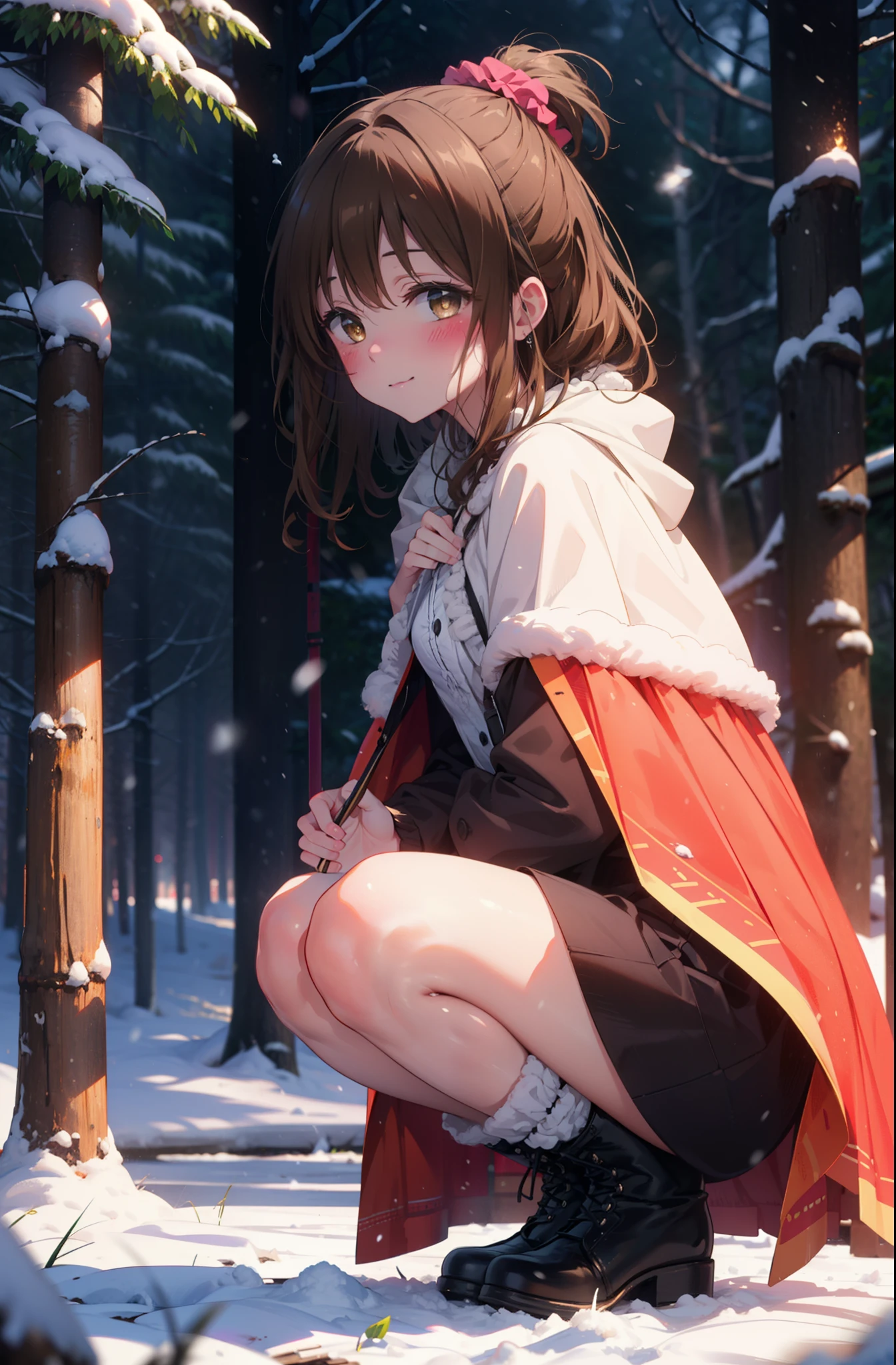 Follow Us, Yuki mandarin orange, (Brown eyes:1.5), Brown Hair, hair ornaments, hair Scrunchie, Long Hair, pink Scrunchie, Scrunchie, (Flat Chest:1.2),smile,,smile,blush,White Breath,
Open your mouth,snow,Ground bonfire, Outdoor, boots, snowing, From the side, wood, suitcase, Cape, Blurred, , forest, White handbag, nature,  Squat, Mouth closed, Cape, winter, Written boundary depth, Black shoes, red Cape break looking at viewer, Upper Body, whole body, break Outdoor, forest, nature, break (masterpiece:1.2), highest quality, High resolution, unity 8k wallpaper, (shape:0.8), (Beautiful and beautiful eyes:1.6), Highly detailed face, Perfect lighting, Highly detailed CG, (Perfect hands, Perfect Anatomy),