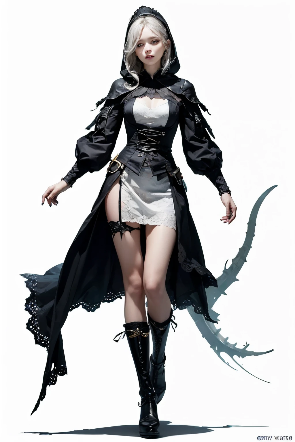 mpts
Copy
(((masutepiece, of the highest quality, super detailed))), hand drawn style, hand painted style, watercolour, sketch, a knight, white background, plain background, Bloodborne inspired, tatty Bloodborne attire, occult aesthetic, occult, tatty red and white clothing detailed and intricate steampunk and detailed gothic lolita (with a hood), diadems, very thin long legs, Complex mechanical boots above the knee, Fluttering lace flared dress, beautiful small breasts directed upwards, (((( Highly detailed face))), small thin nose, Small thin lips mouth, (((Very sharp focused eyes))), Very large slit precision pale grey eyes that shine like jewels. very long eyelashes, Silver hair swaying in the wind, Emitting a dazzling light in a mandala pattern, white background, Very dramatic and cinematic lighting, tatty damaged old red and white clothing, full body, whole body, body, cosmic horror, grim dark