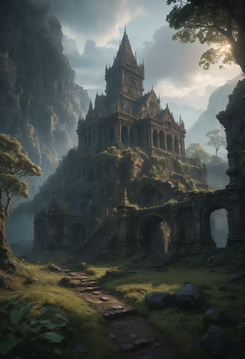 a cinematic detailed landscape of the Elden Ring world, highly detailed fantasy environment, overgrown ruins, majestic mountains, dramatic lighting, epic fantasy, dark fantasy, moody atmosphere, dynamic camera angle, volumetric fog, glowing magical elements, intricate architecture, weathered stone, lush vegetation, (best quality,8k,highres,masterpiece:1.2),ultra-detailed,(realistic,photorealistic,photo-realistic:1.37),highly detailed, cinematic composition, dramatic lighting and shadows, stunning visual aesthetics