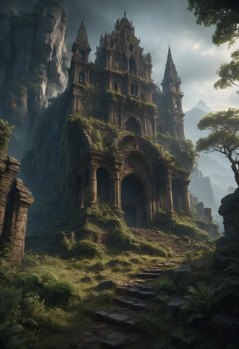 a cinematic detailed landscape of the Elden Ring world, highly detailed fantasy environment, overgrown ruins, majestic mountains, dramatic lighting, epic fantasy, dark fantasy, moody atmosphere, dynamic camera angle, volumetric fog, glowing magical elements, intricate architecture, weathered stone, lush vegetation, (best quality,8k,highres,masterpiece:1.2),ultra-detailed,(realistic,photorealistic,photo-realistic:1.37),highly detailed, cinematic composition, dramatic lighting and shadows, stunning visual aesthetics