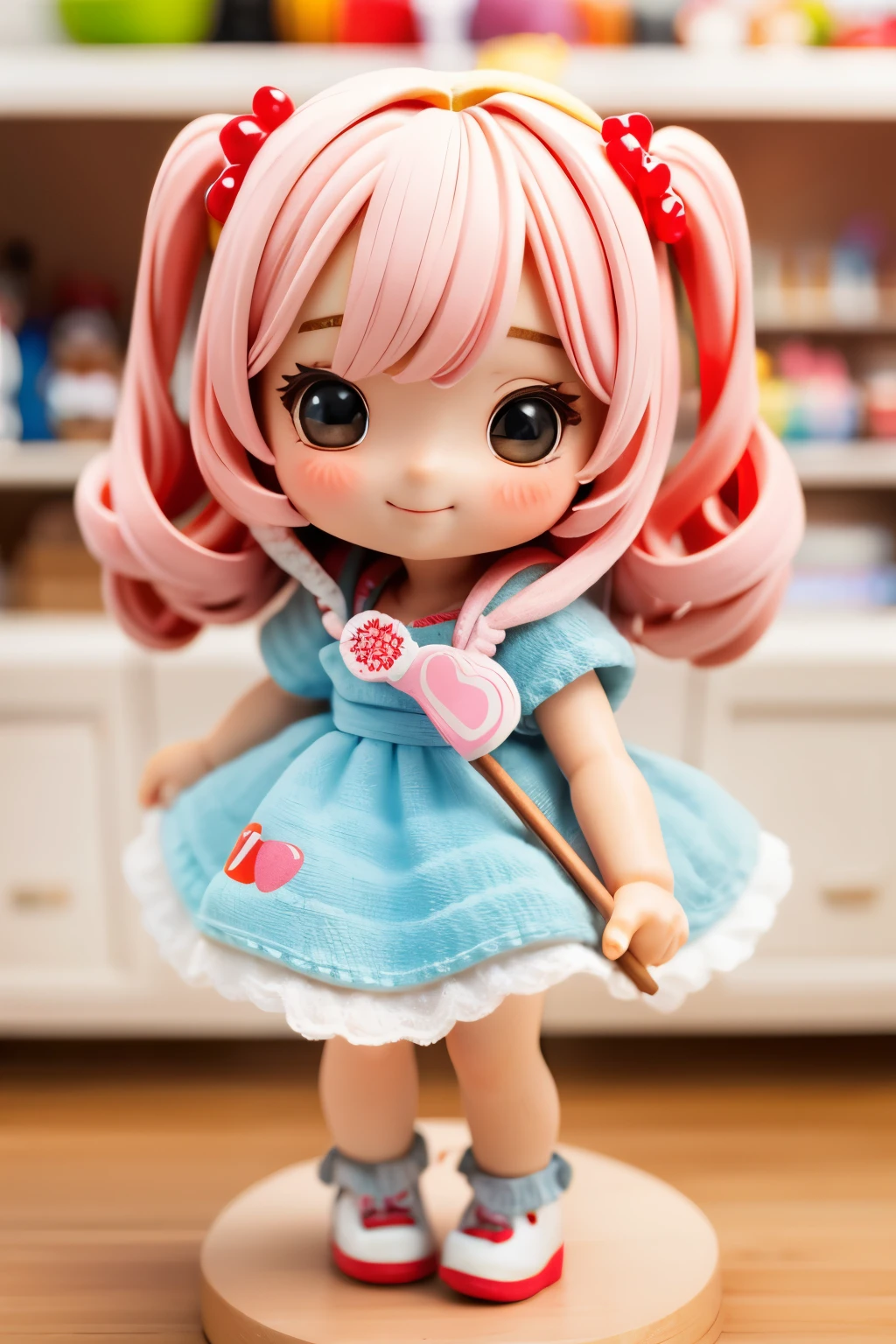 Photorealistic、Chibi Girl Doll(Apple-themed clothing、Have a magic wand、smile)