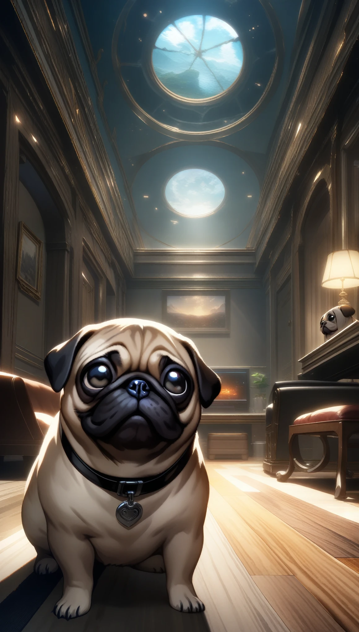 32k, best quality, ultra high res, HDR, UHD, extremely detailed CG, unity 32k wallpaper, Pug, Indoor living room background, Looking up, 餌をねだるPug, Close-up, 