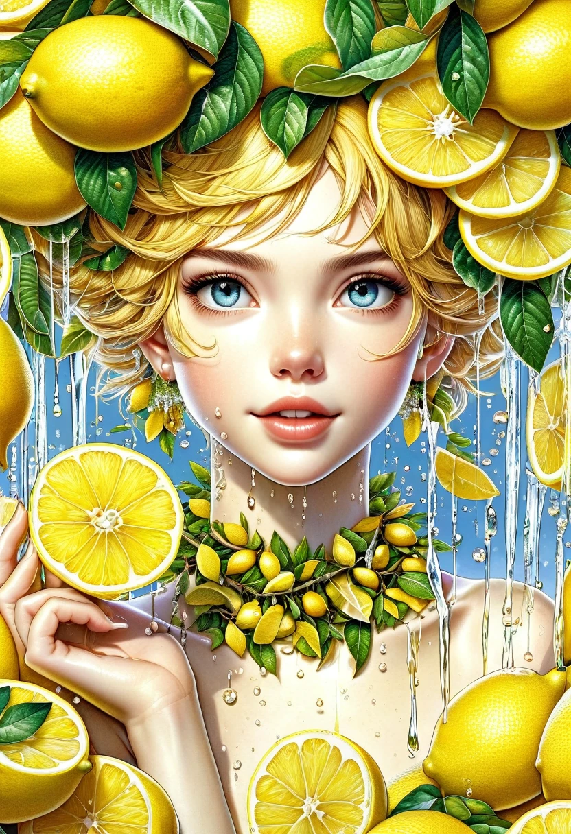 
        ( Perfect anatomical structure )  Painting of a girl with golden hair，Wearing a garland of leaves on the head, standing among many sliced lemons to take pictures, water splashing, cool and intricate, hands holding sliced lemons, eating slices, eating sliced lemons, sour expressions, happy and animated characters, close-up( Perfect anatomical structure )

             Beauty and extremely fine texture，Detailed, bright, high-definition and high-quality presentation in animation style