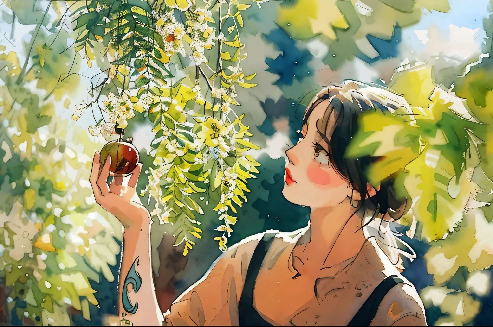 (Masterpiece), (best detail), (Best quality),(((watercolor ))),watercolor background,,watercolor background,happy,small, Young and good-looking(vintage background),chch-style,full and correct eyes,low color saturation,Sketch