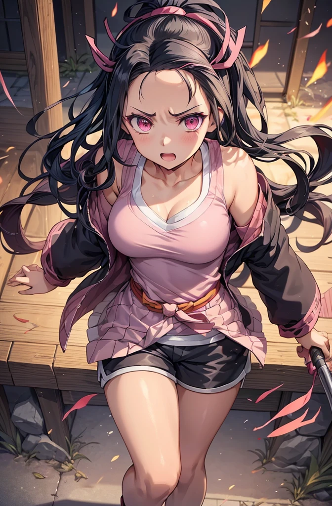 1girl, 1girl nezuko full body, Nezuko Kamado, Nezuko Kamado demon slayer, kamado nezuko, (anime: demon slayer), sexy, female body, perfect body, fullbody, pink enchanting eyes, dark black hair, black hair, black long hair, perfect body, wearing: modern clothes, shorts, sport shorts, female sport shorts, casual sport shorts women, sport shorts, hoodie, cute hoodie, hoodie for woman, beautiful woman body, nezuko, ultrasharp, 4k picture, highly detailed, beautiful, nezuko, nezuko kamado, demon slayer, nezuko, 8k, perfect image, detailed, nezuko.
