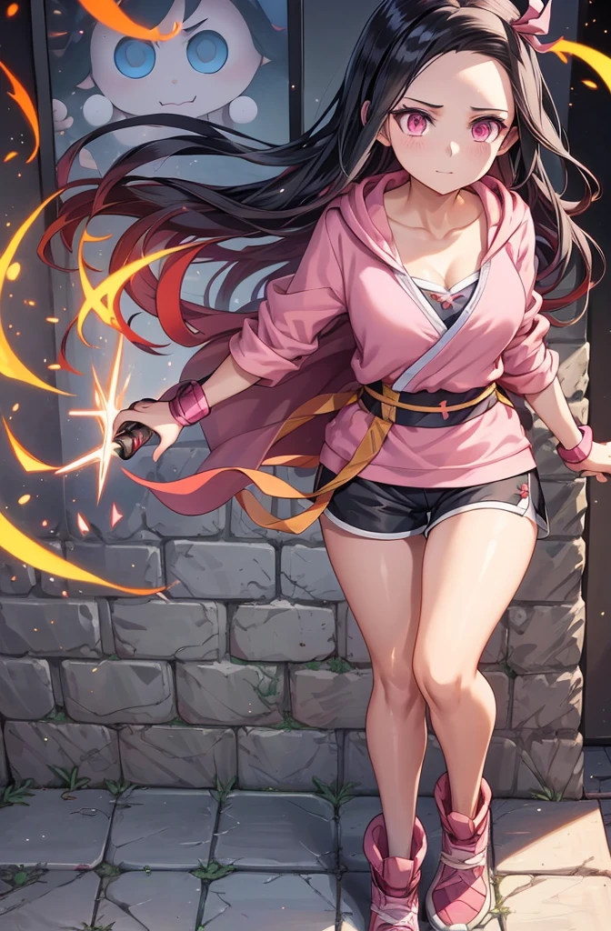 1girl, 1girl nezuko full body, Nezuko Kamado, Nezuko Kamado demon slayer, kamado nezuko, (anime: demon slayer), sexy, female body, perfect body, fullbody, pink enchanting eyes, dark black hair, black hair, black long hair, perfect body, wearing: modern clothes, shorts, sport shorts, female sport shorts, casual sport shorts women, sport shorts, hoodie, cute hoodie, hoodie for woman, beautiful woman body, nezuko, ultrasharp, 4k picture, highly detailed, beautiful, nezuko, nezuko kamado, demon slayer, nezuko, 8k, perfect image, detailed, nezuko.
