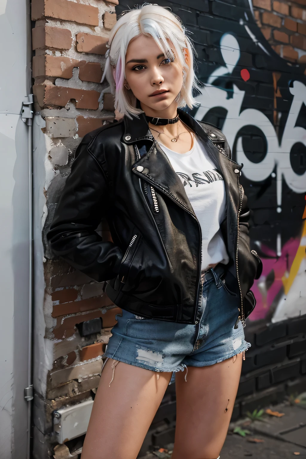 Create an image of a 21-year-old girl with striking white hair, styled in an edgy, asymmetrical cut. She is standing against a vibrant graffiti wall in an urban setting, wearing a hot, edgy outfit that includes a leather jacket, ripped jeans, and bold accessories. Her pose is confident and rebellious, with a captivating, intense gaze that draws the viewer in. The background features colorful street art, brick walls, and elements of city life, enhancing the artistic and edgy vibe of the scene