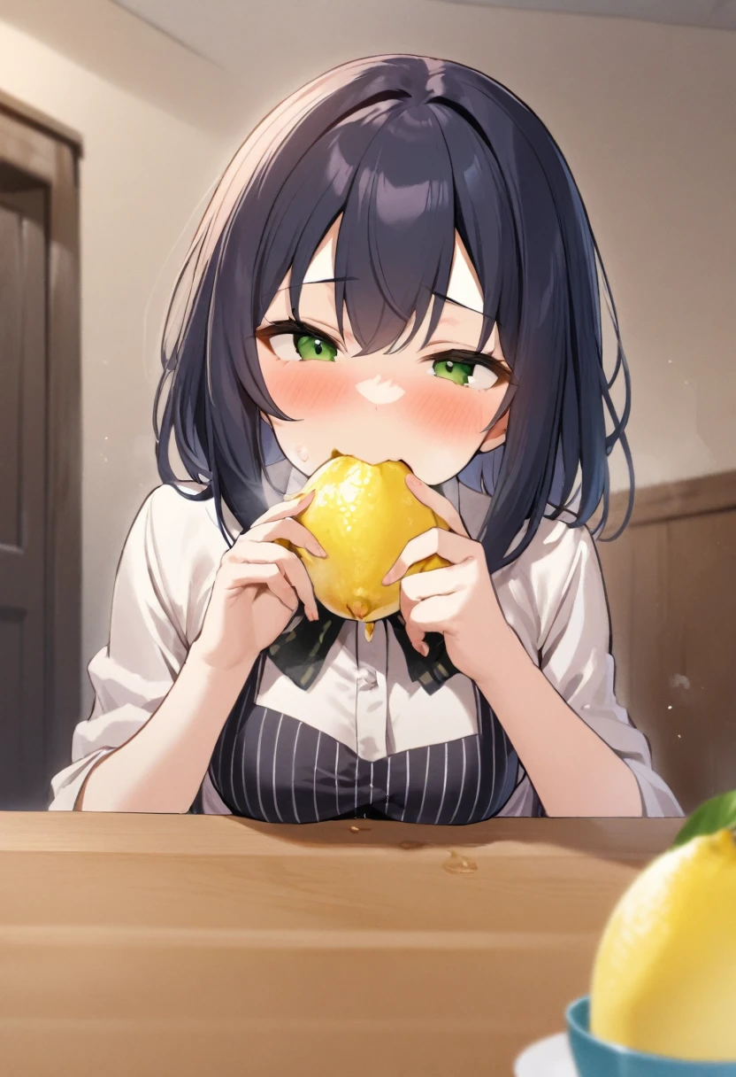 Lemon Eating Challenge, 1 Girl, fern \(Soso&#39;s friends\), Soso&#39;s friends, fern  eating a lemon in his hand, wrinkled face, Narrow your eyes, A look of disgust appeared on his face, Painful expression, Open your mouth, eyebrows furrowed, Wizard&#39;s Nightgown