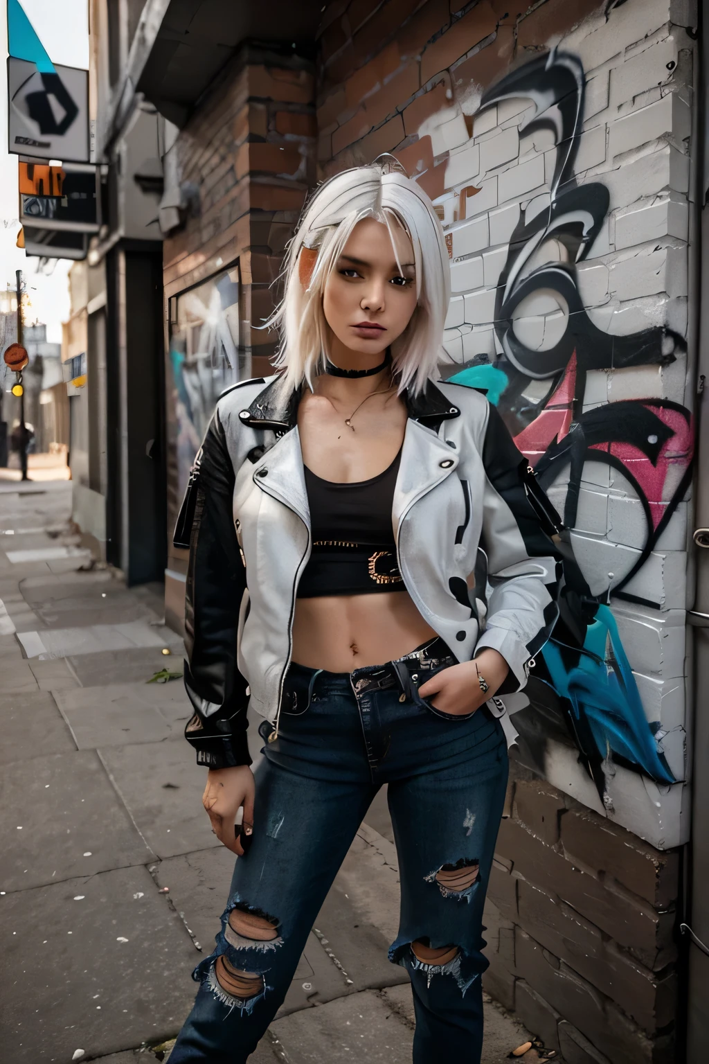 Create an image of a 21-year-old girl with striking white hair, styled in an edgy, asymmetrical cut. She is standing against a vibrant graffiti wall in an urban setting, wearing a hot, edgy outfit that includes a leather jacket, ripped jeans, and bold accessories. Her pose is confident and rebellious, with a captivating, intense gaze that draws the viewer in. The background features colorful street art, brick walls, and elements of city life, enhancing the artistic and edgy vibe of the scene