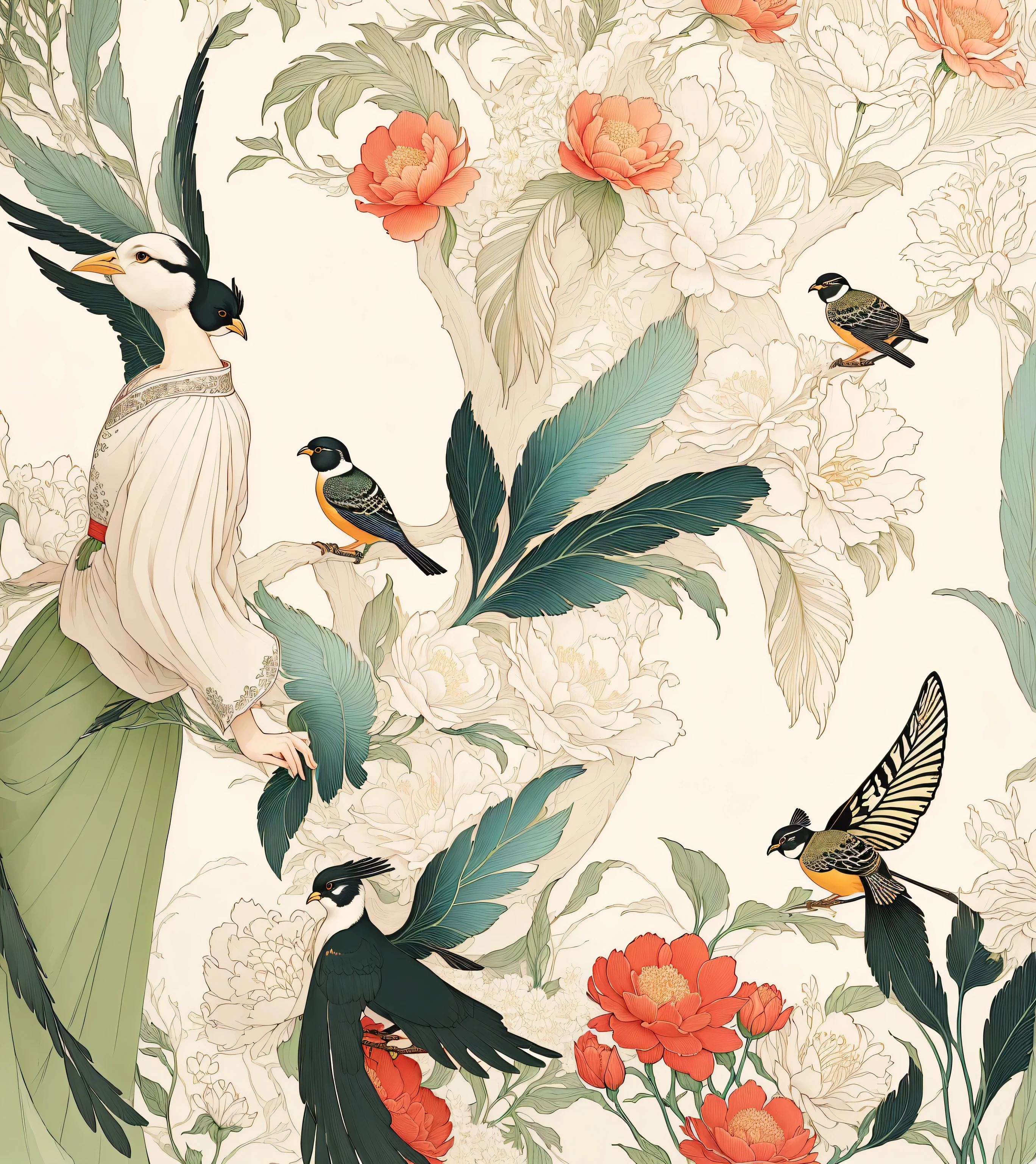 There are many birds perched on the flower wall, Chinese style pattern, illustration, Inspired by Fernand Verhagen, Inspired by Barbara Nessim, Birds and butterflies, Inspired by Camille Bombois, Inspired by Margaret Borden, Inspired by Xie Shichen, Floral Pattern, Drawn in a whimsical style