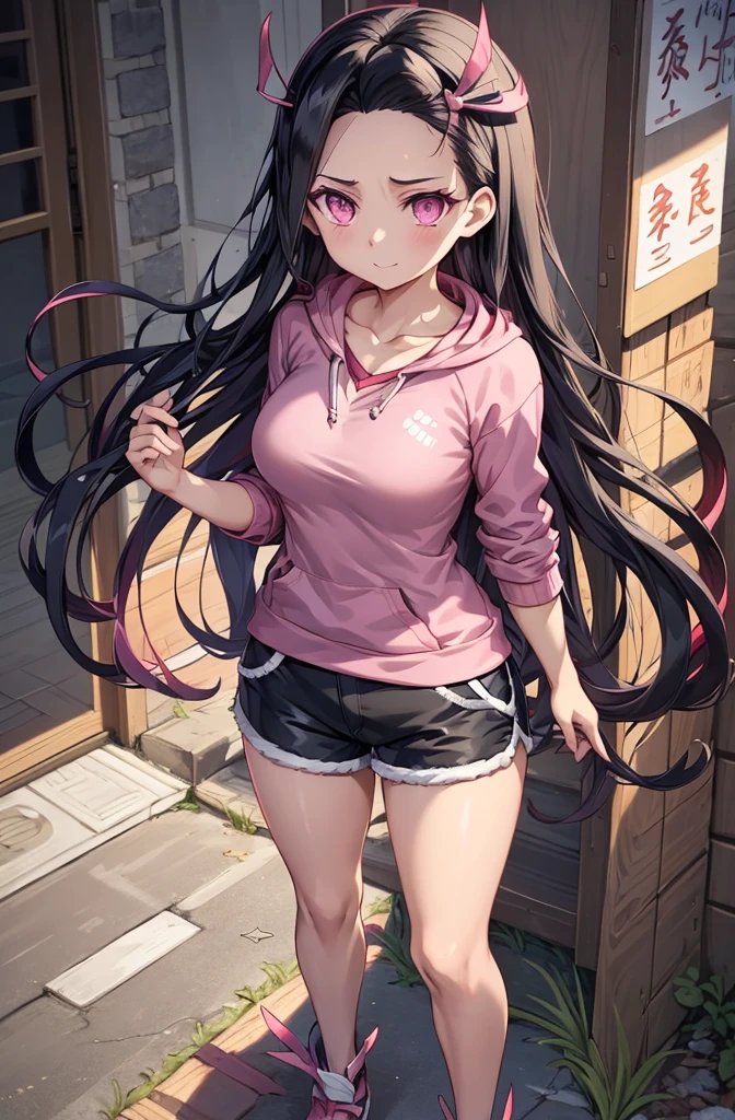 1girl, 1girl nezuko full body, Nezuko Kamado, Nezuko Kamado demon slayer, kamado nezuko, (anime: demon slayer), sexy, female body, perfect body, fullbody, pink enchanting eyes, dark black hair, black hair, black long hair, perfect body, wearing: modern clothes, shorts, sport shorts, female sport shorts, casual sport shorts women, sport shorts, hoodie, cute hoodie, hoodie for woman, beautiful woman body, nezuko, ultrasharp, 4k picture, highly detailed, beautiful, nezuko, nezuko kamado, demon slayer, nezuko, 8k, perfect image, detailed, nezuko.
