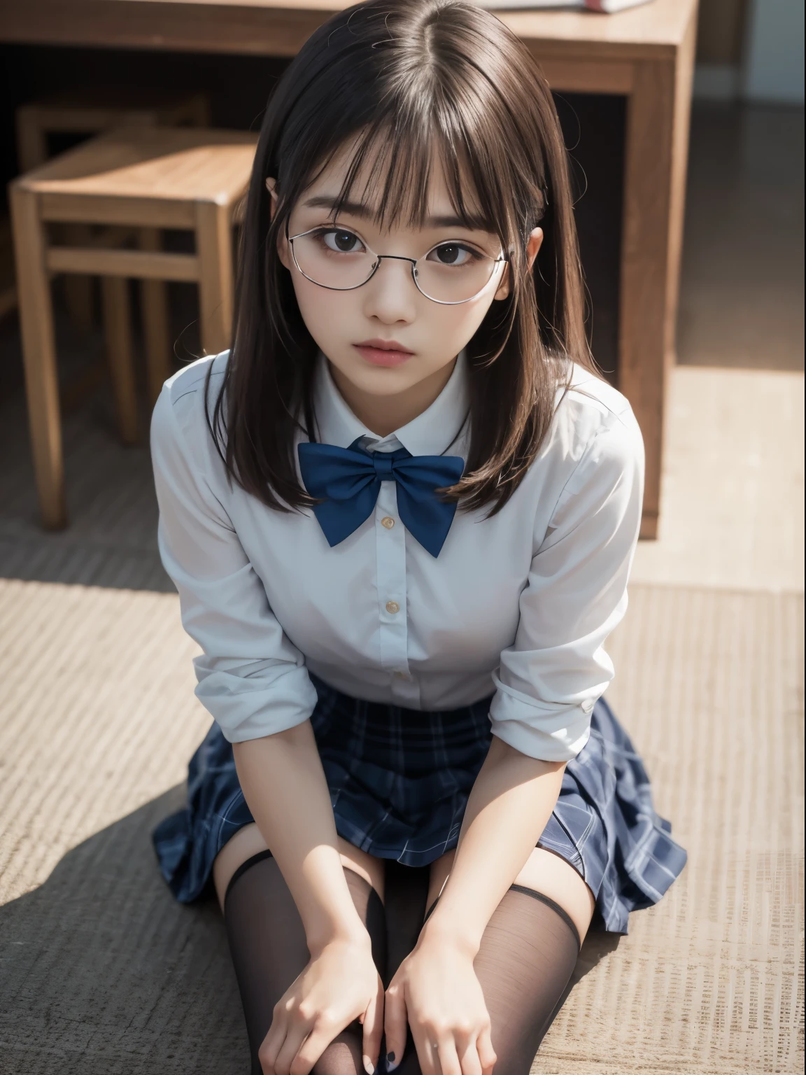 masutepiece, precise, extremely high detail, top-quality, one girls,18year old, kawaii:1.3, A dark-haired, Braids, Black eyes,small head, tre anatomically correct, in school uniform, White shirt, Blue miniskirt,Red bow tie, large full breasts:1.3, A slender, healthy,sexy pose,all-fours, Small flower hairpin,eye glass,low angle shot, nffsw