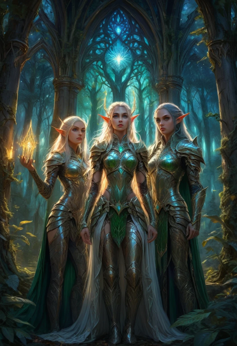 a high fantasy scene with a love triangle between three beautiful detailed high elves, extremely detailed eyes and faces, longeyelashes, detailed intricate elven armor, ornate magical elven architecture, lush fantasy forest, glowing magical lights, dramatic lighting, cinematic composition, fantasy art style, vibrant colors, epic scale