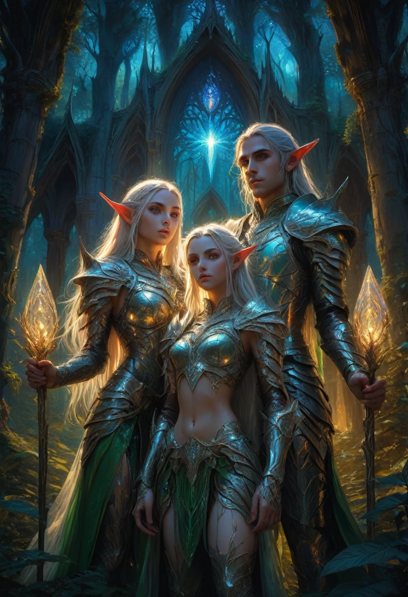a high fantasy scene with a love triangle between three beautiful detailed high elves, extremely detailed eyes and faces, longeyelashes, detailed intricate elven armor, ornate magical elven architecture, lush fantasy forest, glowing magical lights, dramatic lighting, cinematic composition, fantasy art style, vibrant colors, epic scale