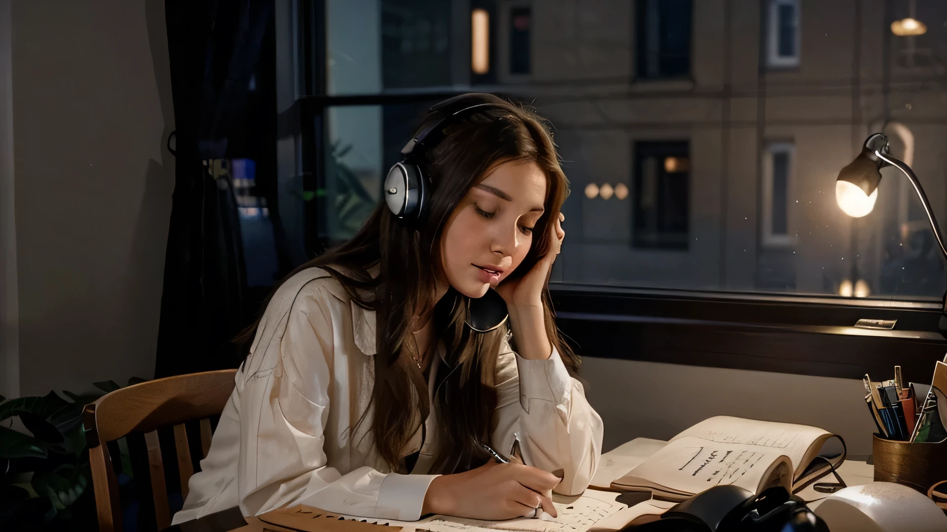 A beautiful 23-year-old woman with brunette hair, sits at her desk, headphones on, lost in the melodies of her favorite songs. The moonlight streams through her window, casting a soft glow on her face as she studies late into the night.