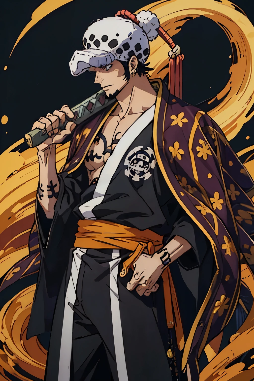 Trafalgar D. Water Law from One Piece. Alone, Male, best quality, high quality, high resolution, prefect face, high quality face, perfect hands, warm colors, masterpiece 

1. **Height and Build**: Law is tall and lean with a muscular build.
2. **Hair**: He has short, dark hair typically covered by a distinctive white, fuzzy hat with black spots.
3. **Eyes**: His eyes are a striking light gray, often depicted with a calm yet intense gaze.
4. **Facial Hair**: Law sports a small goatee.
5. **Tattoos**: 
   - **Hands and Fingers**: The most notable tattoos are the letters spelling "D-E-A-T-H" on the back of his fingers.
   - **Arms**: His arms are covered in tribal-style tattoos.
   - **Chest**: He also has a large tattoo on his chest resembling his Jolly Roger, a stylized smiling face.

4. **Clothing**: Law adopts attire that blends with Wano's traditional style:
   - **Kimono**: He wears a dark kimono with a yellow sash tied around his waist. The kimono has a simple yet traditional design fitting the Wano country's aesthetic.
   - **Trousers and Footwear**: Law wears traditional loose-fitting trousers

7. **Sword**: Law carries a nodachi (a type of long sword) named Kikoku, which he often slings over his shoulder. The sword has a white scabbard with a red strap and cross-guard.