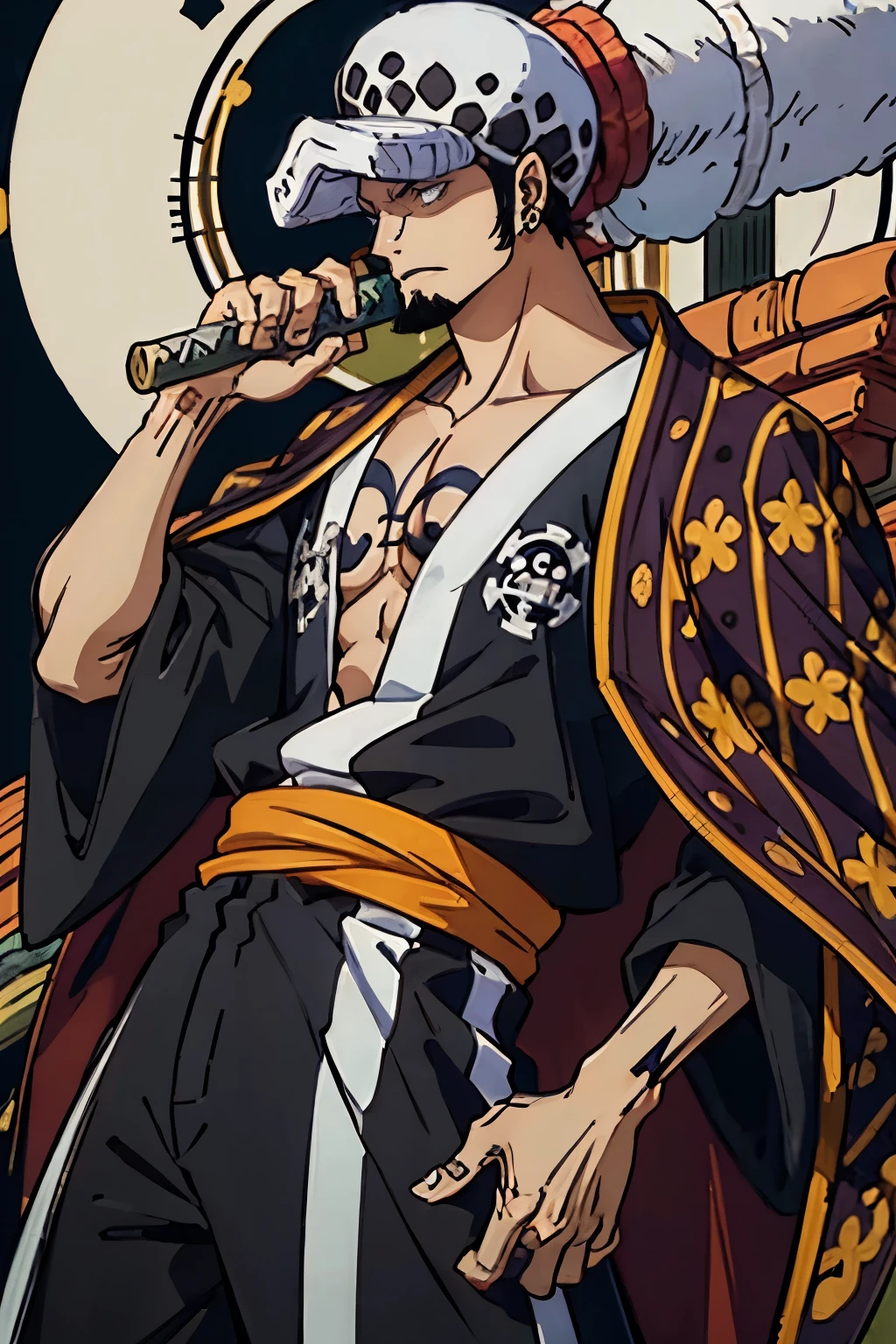 Trafalgar D. Water Law from One Piece. Alone, Male, best quality, high quality, high resolution, prefect face, high quality face, perfect hands, warm colors, masterpiece
1. **Height and Build**: Law is tall and lean with a muscular build.
2. **Hair**: He has short, dark hair typically covered by a distinctive white, fuzzy hat with black spots.
3. **Eyes**: His eyes are a striking light gray, often depicted with a calm yet intense gaze.
4. **Facial Hair**: Law sports a small goatee.
5. **Tattoos**:
- **Hands and Fingers**: The most notable tattoos are the letters spelling "D-E-A-T-H" on the back of his fingers.
- **Arms**: His arms are covered in tribal-style tattoos.
- **Chest**: He also has a large tattoo on his chest resembling his Jolly Roger, a stylized smiling face.
4. **Clothing**: Law adopts attire that blends with Wano's traditional style:
- **Kimono**: He wears a dark kimono with a yellow sash tied around his waist. The kimono has a simple yet traditional design fitting the Wano country's aesthetic.
- **Trousers and Footwear**: Law wears traditional loose-fitting trousers
7. **Sword**: Law carries a nodachi (a type of long sword) named Kikoku, which he often slings over his shoulder. The sword has a white scabbard with a red strap and cross-guard.