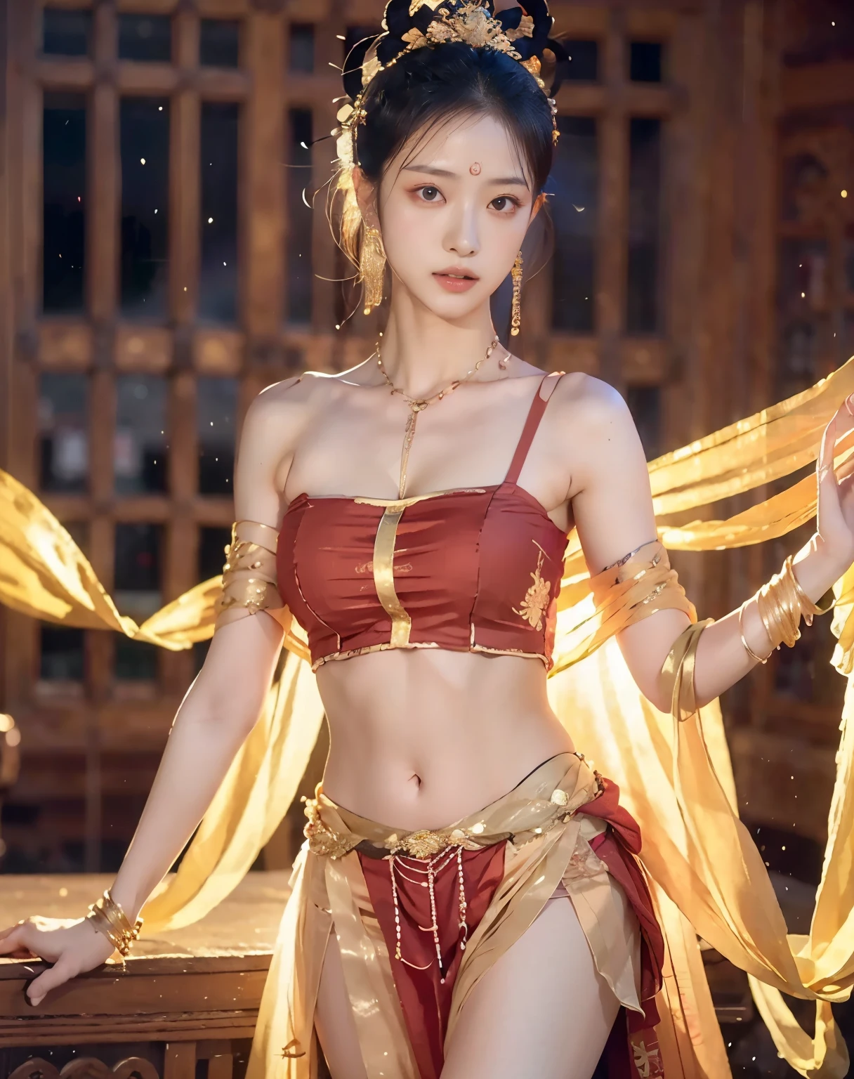 (8k, RAW photo, best quality, tmasterpiece:1.2), (realistic, photo-realistic:1.4), (Extremely detailed CG unity 8k wallpaper), （1 girl：1.5）,Beauty of the Western Regions，（Red clothes：1.4），There are red spots on the forehead，Pale skin，Blushlush，largeeyes，full bodyesbian，upper legs，Open navel，Gold-tone waist chain，golden ornaments，Flying ribbons，Particle，Ancient buildings are in the background，，dance, dunhuang_dress, dunhuang_style, large breasts