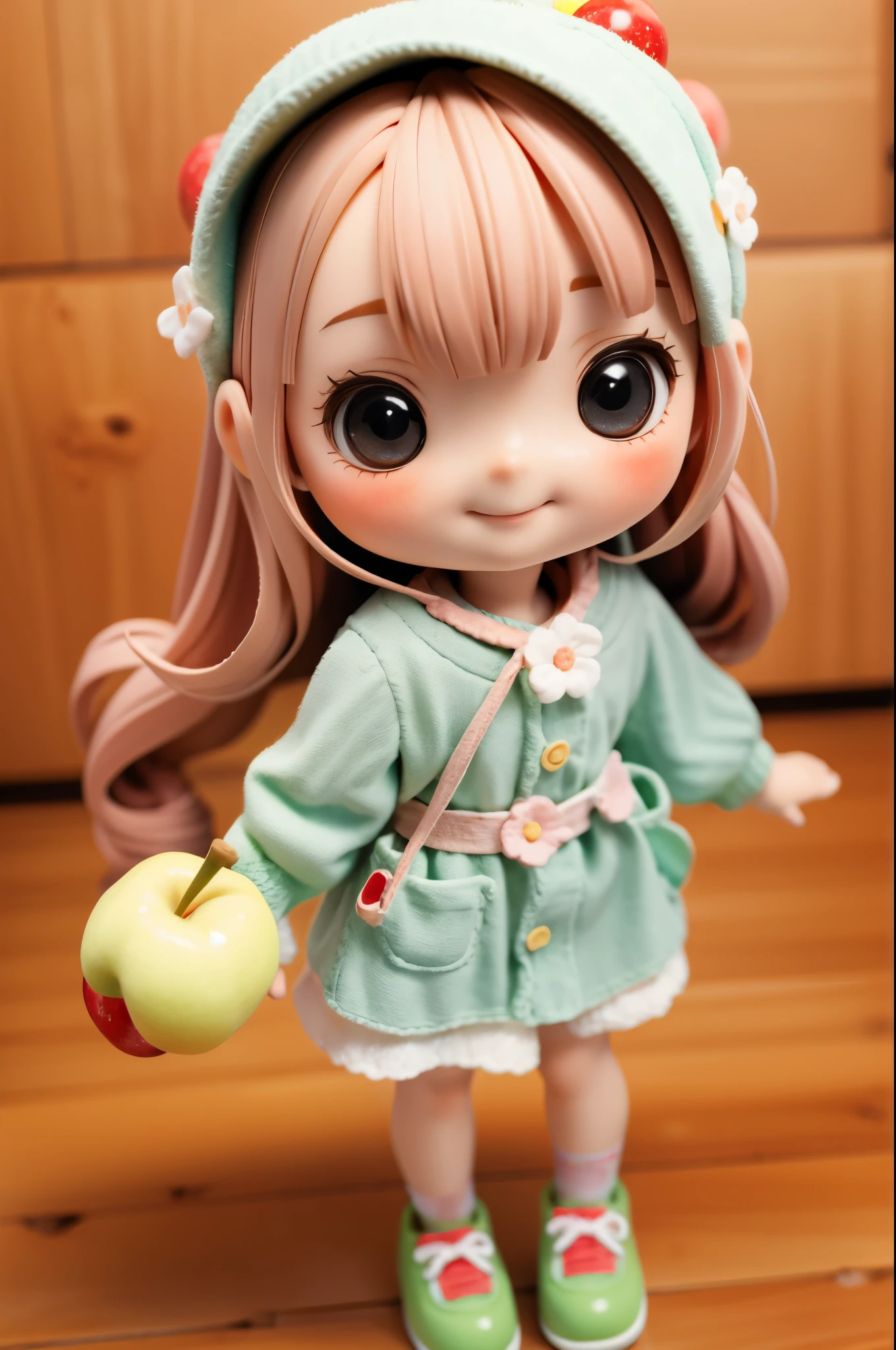 Photorealistic、Chibi Girl Doll(Apple-themed clothing、Have a magic wand、smile)