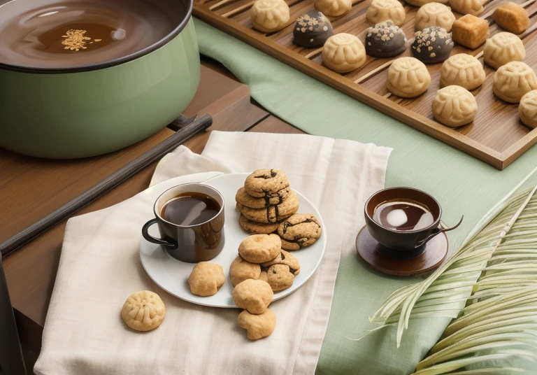 (top quality, high resolution, realistic),close-up of table, image shows part of table, calm living room with sunlight, mug with hot coffee in the far left, the mug is a vintage green-brown color with steam coming from the cup, soft and warmnatural light, bright green tablecloth, Japanese sweets dumplings in upper right, Japanese pampas grass in foreground right, several small cookies on linen cloth, peaceful relaxed atmosphere, cozy living room, balanced composition, realistic lifelike textures, well rendered shadows and highlights, well done.realistic lifelike textures, well rendered shadows and highlights, timeless classic feel.