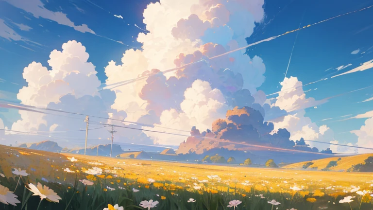 (((best quality))),blue_sky空, cloud, cloudy_sky空, condensation_trace, Dandelion, sky, site, flower, flower_site, Keep_flower, horizon, I'm a bad guy_Yuka, Mountain, Mountainous_horizon, outdoor, sky空, straw_have, 夏sky, 沒have人類, house, bird