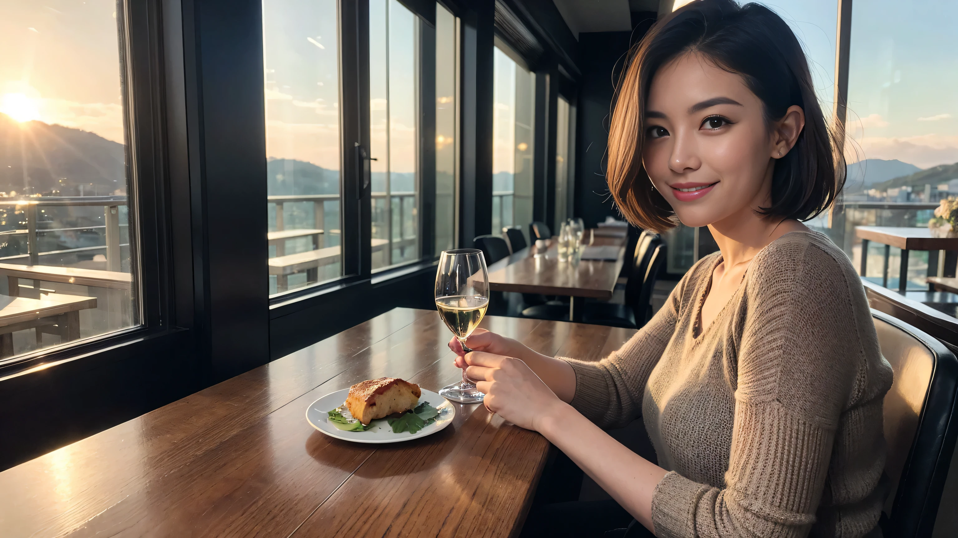 (highest quality、8k、masterpiece:1.3)、Beautiful woman with perfect figure:1.4、Dark brown hair、Wine Party、2 people、Knit dress、Highly detailed face and skin、Detailed eyes、double eyelid、Huge Mile、30th Generation、Sex Appeal、Wine glass on the table、Lighting the face、 Amazing view of the sunset sky and clouds、Amazing mountain views、A bright smile、A lovely woman with a smile、Bright image、The beauty of wine, Beautiful Face, blue eyes, Blushing, short hair,Bright Face、Fox face、 (36 years old), 39 years old, Lady、red wine 、Appetizers、Italian food、Wine bottle、Champagne、sparkling wine、Two beauties、Brown Hair、Shortcuts、Long sleeve shirt、dress、Pretty Woman 1, (Slim face), (The body is slim), (Brown Hair), (Shortcuts), cheeks turn a little red,Attractive beauty、, Out of the window, A beautiful and detailed night view unfolds.........., restaurant, In a prominent place (From the waist up) Nova Frog Style, actress, model, Upper Body, White wine, slim, wine glass, Wine glass placed in the center, smile, (smile: 1.15), Beautiful fine grain, Depth f/2,saturation, High Contrast, Strong light and shadow,Moist Body:1.5、3D texture、Delicate eyes、Brown Hair、The hair is very shiny、