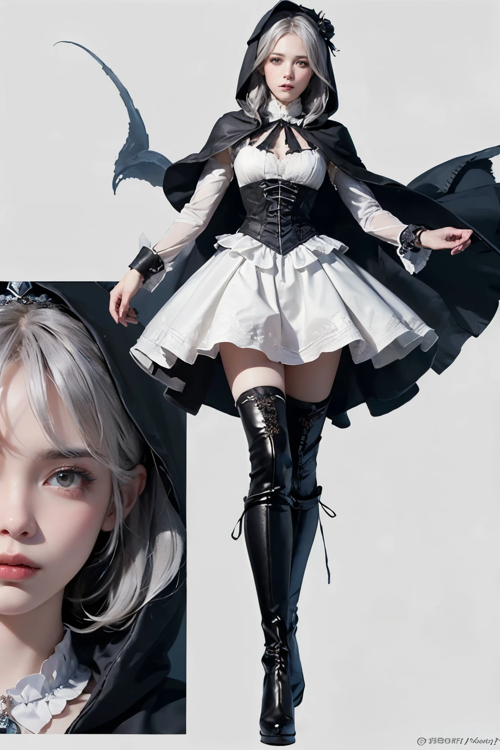 mpts
Copy
(((masutepiece, of the highest quality, super detailed))), hand drawn style, hand painted style, watercolour, sketch, a knight, white background, plain background, Bloodborne inspired, tatty Bloodborne attire, occult aesthetic, occult, tatty red and white clothing detailed and intricate steampunk and detailed gothic lolita (with a hood), diadems, very thin long legs, Complex mechanical boots above the knee, Fluttering lace flared long dress with frilly petticoats, beautiful small breasts directed upwards, (((( Highly detailed face))), small thin nose, Small thin lips mouth, (((Very sharp focused eyes))), Very large slit precision pale grey eyes that shine like jewels. very long eyelashes, Silver hair swaying in the wind, Emitting a dazzling light in a mandala pattern, white background, Very dramatic and cinematic lighting, tatty damaged old red and white clothing, full body, whole body, body, cosmic horror, grim dark