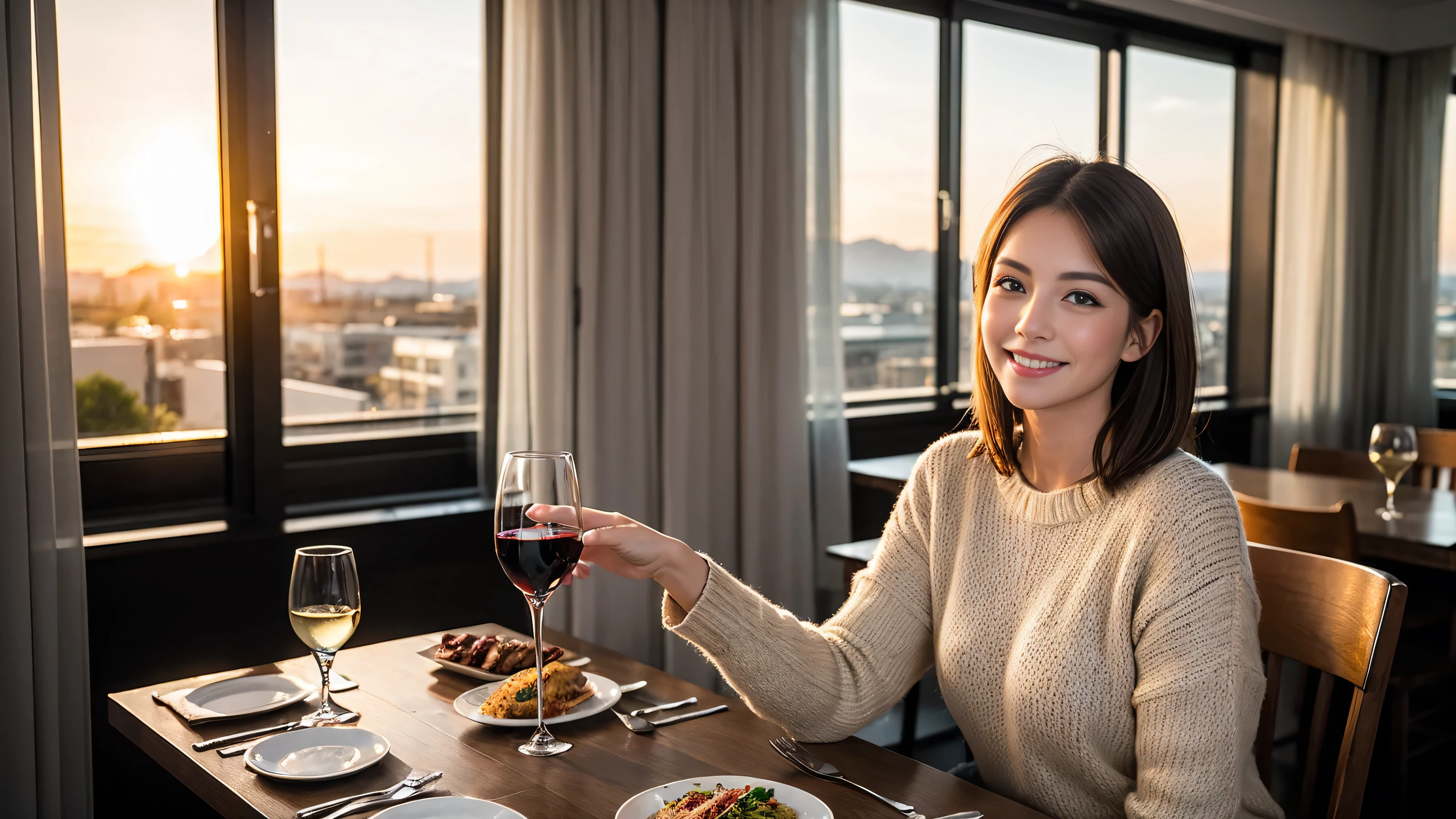 (highest quality、8k、masterpiece:1.3)、Beautiful woman with perfect figure:1.4、Dark brown hair、Wine Party、2 people、Knit dress、Highly detailed face and skin、Detailed eyes、double eyelid、Huge Mile、30th Generation、Sex Appeal、Wine glass on the table、Lighting the face、 Amazing view of the sunset sky and clouds、Amazing mountain views、A bright smile、A lovely woman with a smile、Bright image、The beauty of wine, Beautiful Face, blue eyes, Blushing, short hair,Bright Face、Fox face、 (36 years old), 39 years old, Lady、red wine 、Appetizers、Italian food、Wine bottle、Champagne、sparkling wine、Two beauties、Brown Hair、Shortcuts、Long sleeve shirt、dress、Pretty Woman 1, (Slim face), (The body is slim), (Brown Hair), (Shortcuts), cheeks turn a little red,Attractive beauty、, Out of the window, A beautiful and detailed night view unfolds.........., restaurant, In a prominent place (From the waist up) Nova Frog Style, actress, model, Upper Body, White wine, slim, wine glass, Wine glass placed in the center, smile, (smile: 1.15), Beautiful fine grain, Depth f/2,saturation, High Contrast, Strong light and shadow,Moist Body:1.5、3D texture、Delicate eyes、Brown Hair、The hair is very shiny、