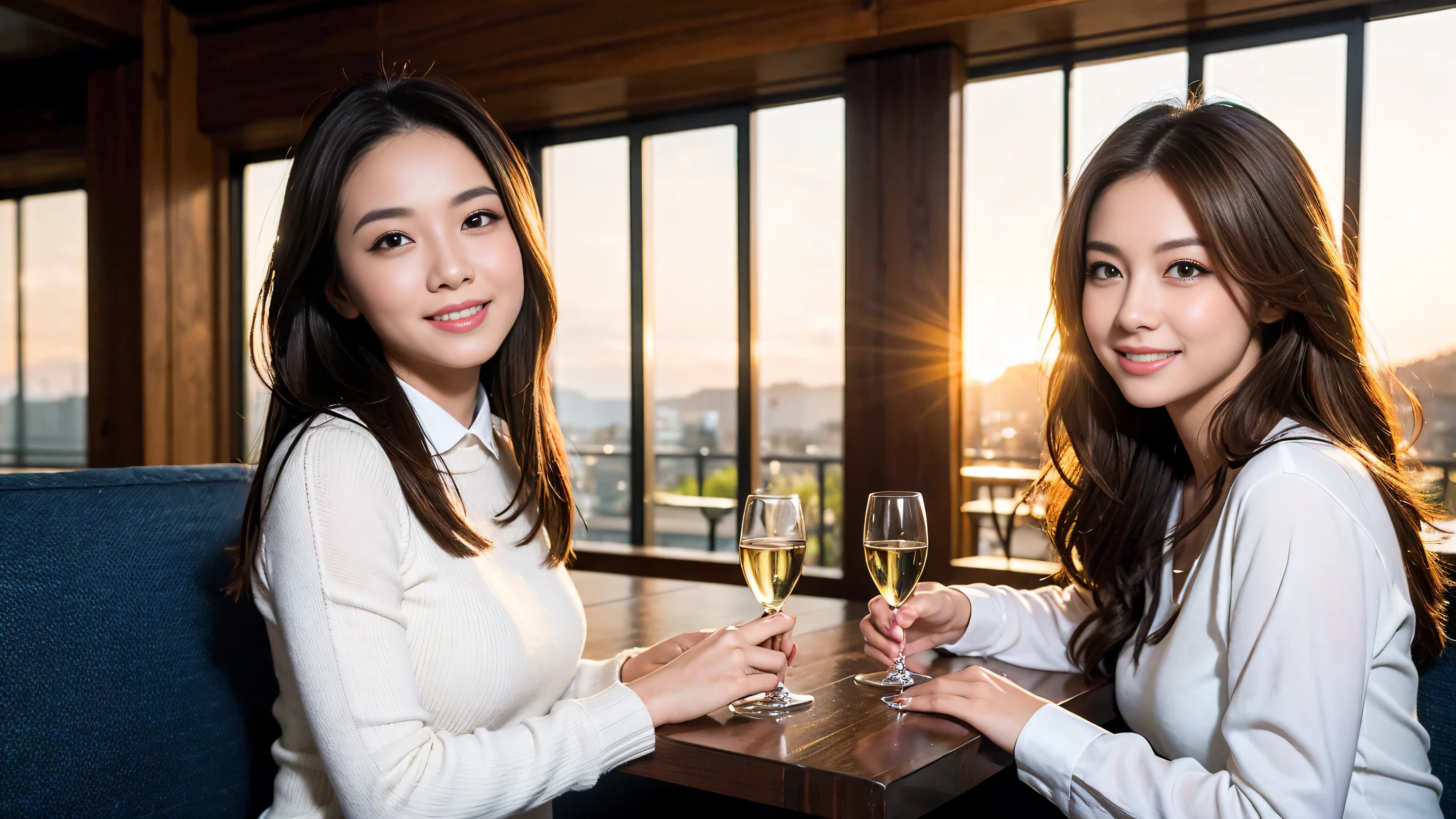 (highest quality、8k、masterpiece:1.3)、Beautiful woman with perfect figure:1.4、Dark brown hair、Wine Party、2 people、Knit dress、Highly detailed face and skin、Detailed eyes、double eyelid、Huge Mile、30th Generation、Sex Appeal、Wine glass on the table、Lighting the face、 Amazing view of the sunset sky and clouds、Amazing mountain views、A bright smile、A lovely woman with a smile、Bright image、The beauty of wine, Beautiful Face, blue eyes, Blushing, short hair,Bright Face、Fox face、 (36 years old), 39 years old, Lady、red wine 、Appetizers、Italian food、Wine bottle、Champagne、sparkling wine、Two beauties、Brown Hair、Shortcuts、Long sleeve shirt、dress、Pretty Woman 1, (Slim face), (The body is slim), (Brown Hair), (Shortcuts), cheeks turn a little red,Attractive beauty、, Out of the window, A beautiful and detailed night view unfolds.........., restaurant, In a prominent place (From the waist up) Nova Frog Style, actress, model, Upper Body, White wine, slim, wine glass, Wine glass placed in the center, smile, (smile: 1.15), Beautiful fine grain, Depth f/2,saturation, High Contrast, Strong light and shadow,Moist Body:1.5、3D texture、Delicate eyes、Brown Hair、The hair is very shiny、
