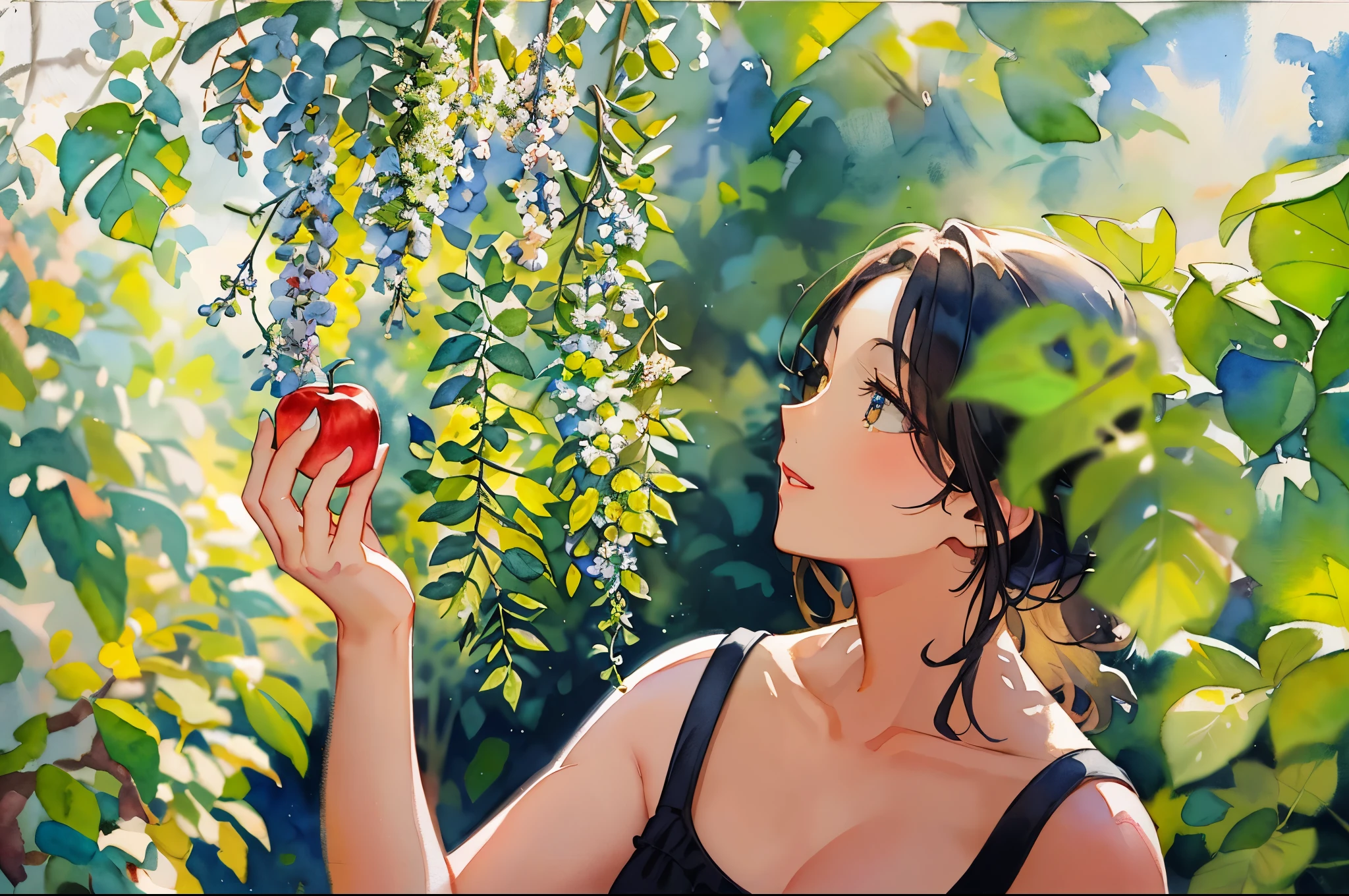 (Masterpiece), (best detail), (Best quality),(((aquarelle ))),Watercolor background,cheerfulness, Young and good-looking（Vintage background），Apple in hand
