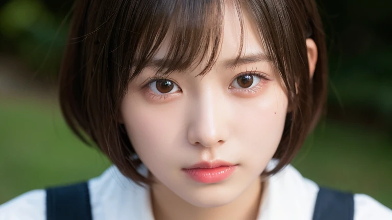 (Bob Cut Hair:1.2),(Wearing school uniform:1.2),1 girl,Japanese,21 years old,(Small breasts:1.3),(highest quality,masterpiece:1.3,超A high resolution,),(Ultra-detailed,Caustics),(Photorealistic:1.4,RAW shooting,)Ultra-Realistic Capture,Very detailed,High resolution 16K human skin close-up。 Natural skin texture、,Pores、、It needs to be detailed enough to be easily identifiable。 Skin should be even-toned and healthy looking。 Use natural light and colour, Sad expression, Looking at the camera, Perfect dynamic composition, Outdoor