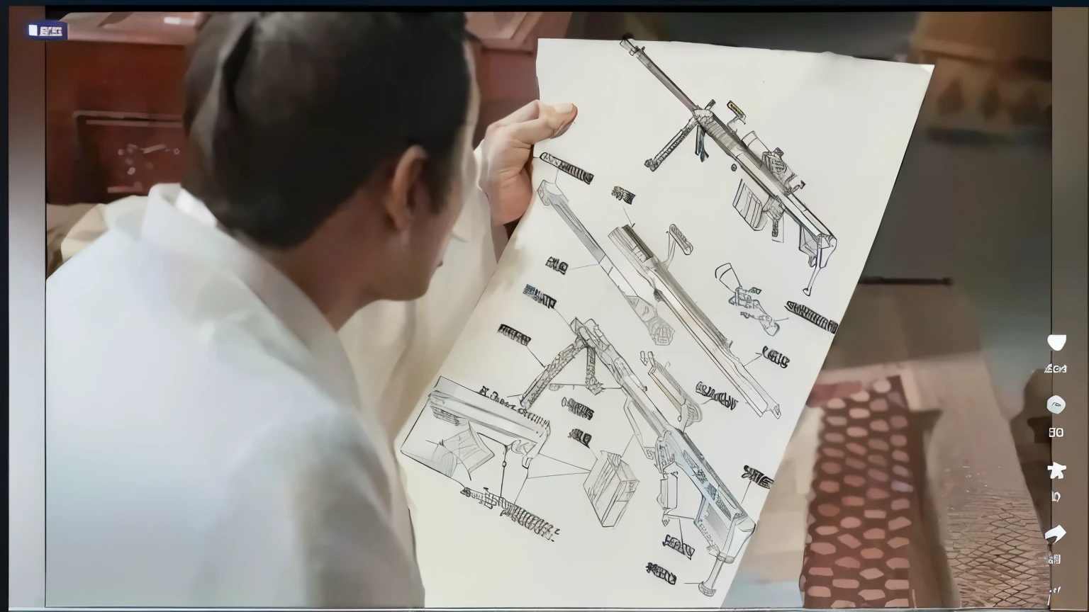 arafed image of a man holding a drawing of a gun, traditional japanese concept art, weapon design, realistic gun design, found schematic in a notebook, konami concept art, blueprint schematics, noriyoshi ohrai masterpiece, immensely detailed scene, weapon concept art, japanese cgi, in blueprint form, weapons concept art, blue print, anime machine gun fire