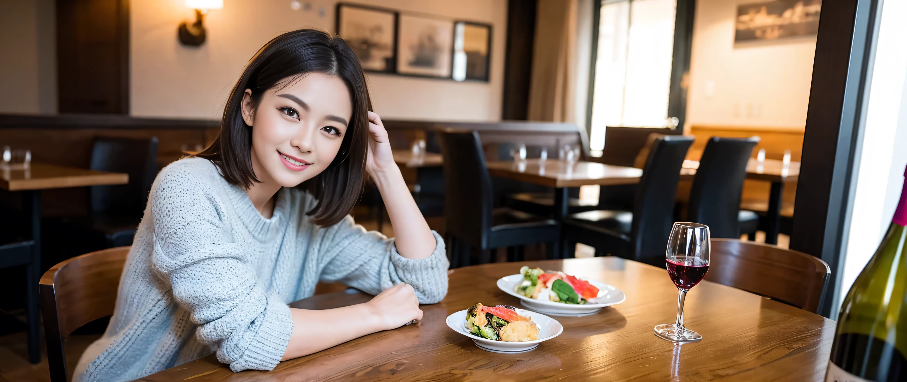 (highest quality、8k、masterpiece:1.3)、Beautiful woman with perfect figure:1.4、Dark brown hair、Wine Party、2 people、Knit dress、Highly detailed face and skin、Detailed eyes、double eyelid、Huge Mile、30th Generation、Sex Appeal、Wine glass on the table、Lighting the face、 Amazing view of the sunset sky and clouds、Amazing mountain views、A bright smile、A lovely woman with a smile、Bright image、The beauty of wine, Beautiful Face, blue eyes, Blushing, short hair,Bright Face、Fox face、 (36 years old), 39 years old, Lady、red wine 、Appetizers、Italian food、Wine bottle、Champagne、sparkling wine、Two beauties、Brown Hair、Shortcuts、Long sleeve shirt、dress、Pretty Woman 1, (Slim face), (The body is slim), (Brown Hair), (Shortcuts), cheeks turn a little red,Attractive beauty、, Out of the window, A beautiful and detailed night view unfolds.........., restaurant, In a prominent place (From the waist up) Nova Frog Style, actress, model, Upper Body, White wine, slim, wine glass, Wine glass placed in the center, smile, (smile: 1.15), Beautiful fine grain, Depth f/2,saturation, High Contrast, Strong light and shadow,Moist Body:1.5、3D texture、Delicate eyes、Brown Hair、The hair is very shiny、